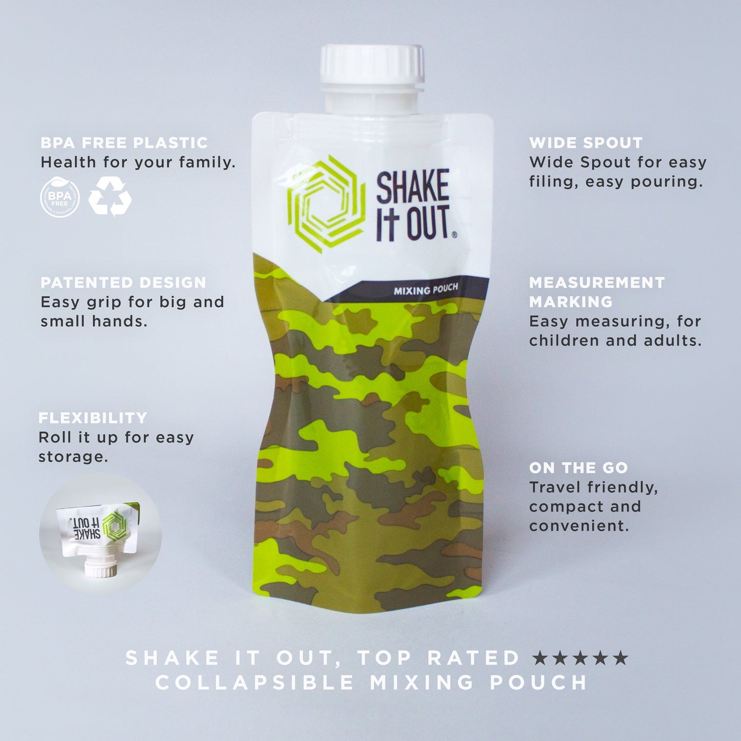 Shake It Out® is the on-the-go beverage container, better mixing, better tasting experience, disposable/recyclable. Compact, flexible design completely dissolves powder Supplements. (Camo, 7 Pack)