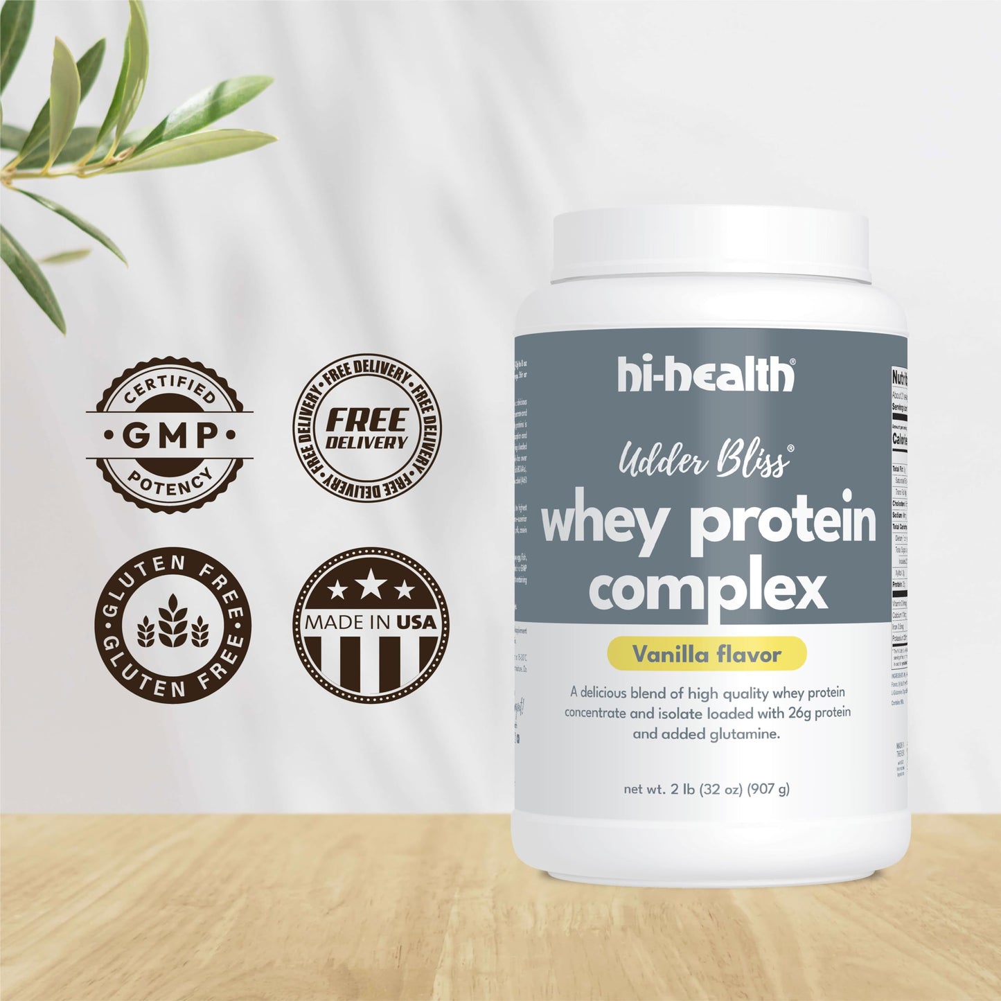 Hi-Health Udder Bliss Whey Protein Complex Powder, Blend of Bioavailable Whey Protein Concentrate and Isolate with Added Glutamine, Vanilla (2 Pounds)