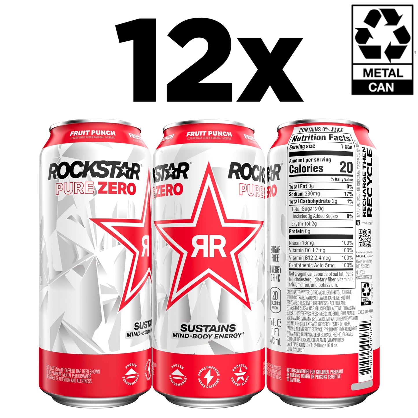 Rockstar Pure Zero Energy Drink Fruit Punch 0 Sugar with Caffeine and Taurine 16oz Cans 12 Pack Packaging May Vary