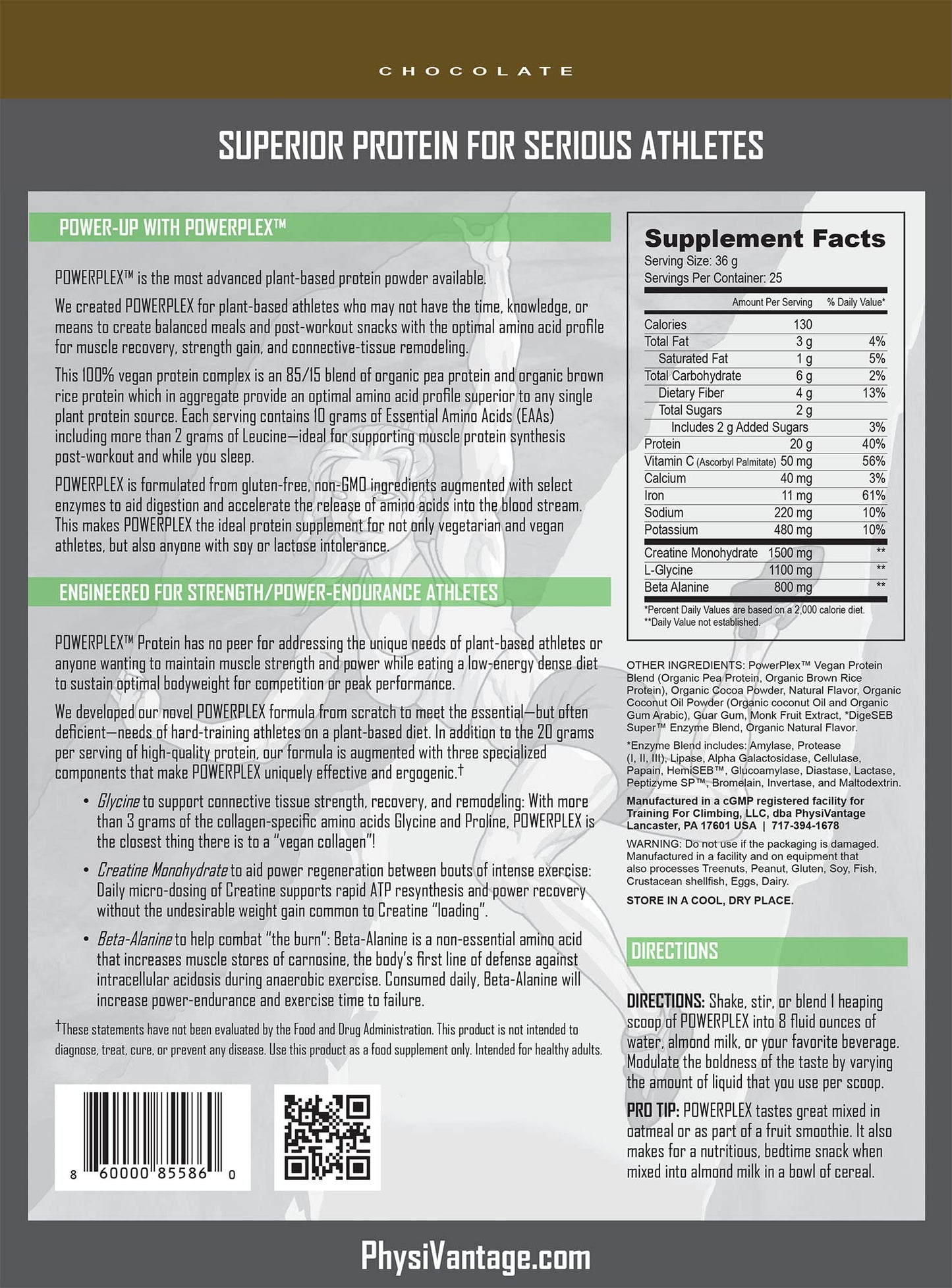 PhysiVantage POWERPLEX Vegan Protein Powder, Collagen Alternative - Organic Plant-Based Pea & Rice Protein, Dairy-Free, Non-GMO, Supports Muscle & Joint Recovery, Monk Fruit Sweetened 2 lb (Chocolate)
