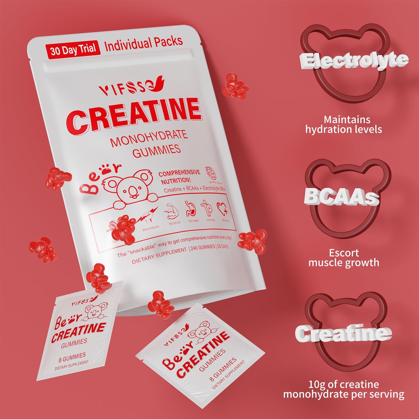 VIFSSG Creatine Monohydrate, Creatine Chewable 240 Gummies for Women and Men with 10 Creatine Monohydrate, Mix BCAAs and Electrolytes per Serving, Strawberry Sugar Free Gummies for Muscle Strength