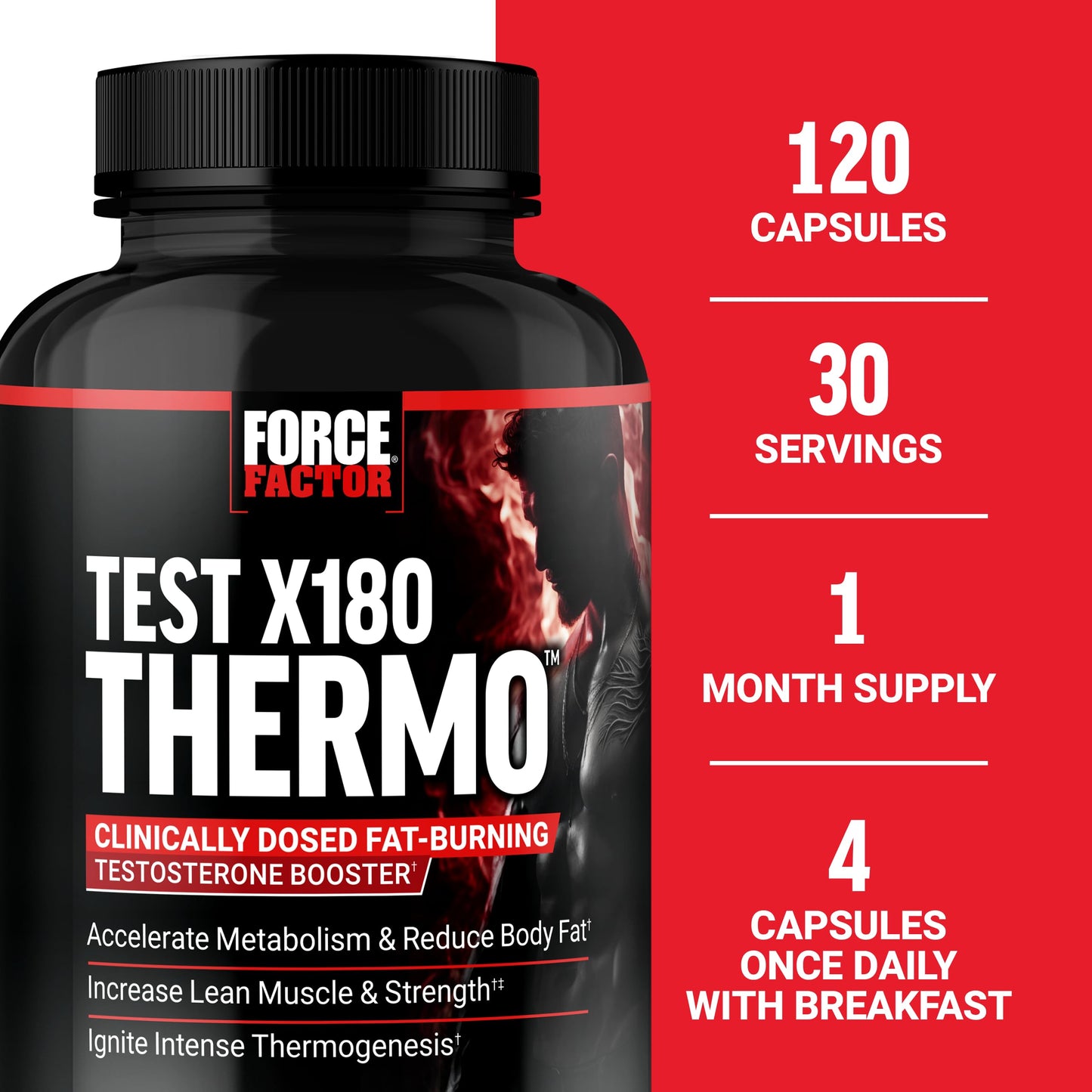 FORCE FACTOR Test X180 Thermo Testosterone Supplement and Fat Burner for Men to Accelerate Metabolism, Reduce Body Fat, Build Lean Muscle, and Increase Thermogenesis, 120 Capsules