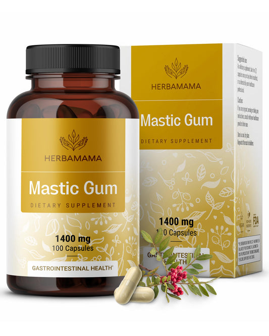 HERBAMAMA Mastic Gum Capsules - 1400mg Pure Mastic Gum Powder for Gut & Digestive Cleanse Detox - Vegan, Non-GMO Digestive Support Supplement, 100 Caps