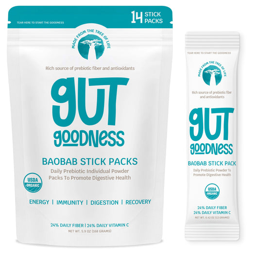 Gut Goodness Organic Prebiotic Baobab Powder Stick Packs - Daily Fiber, Digestive Health, Energy & Recovery - Nutrient-Rich - Vitamin, Dietary Fiber