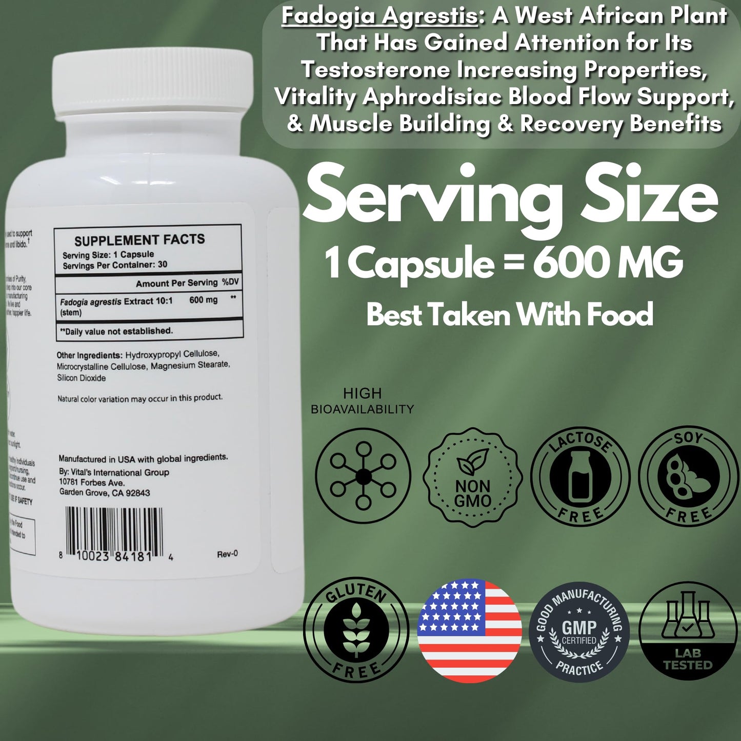PRISTINE'S Fadogia Agrestis 600MG 30-Day Supply Sports Nutrition Testosterone Booster Support Capsules - Muscle Building & Vitality Support Extract Supplement - Gluten Free - Non-GMO