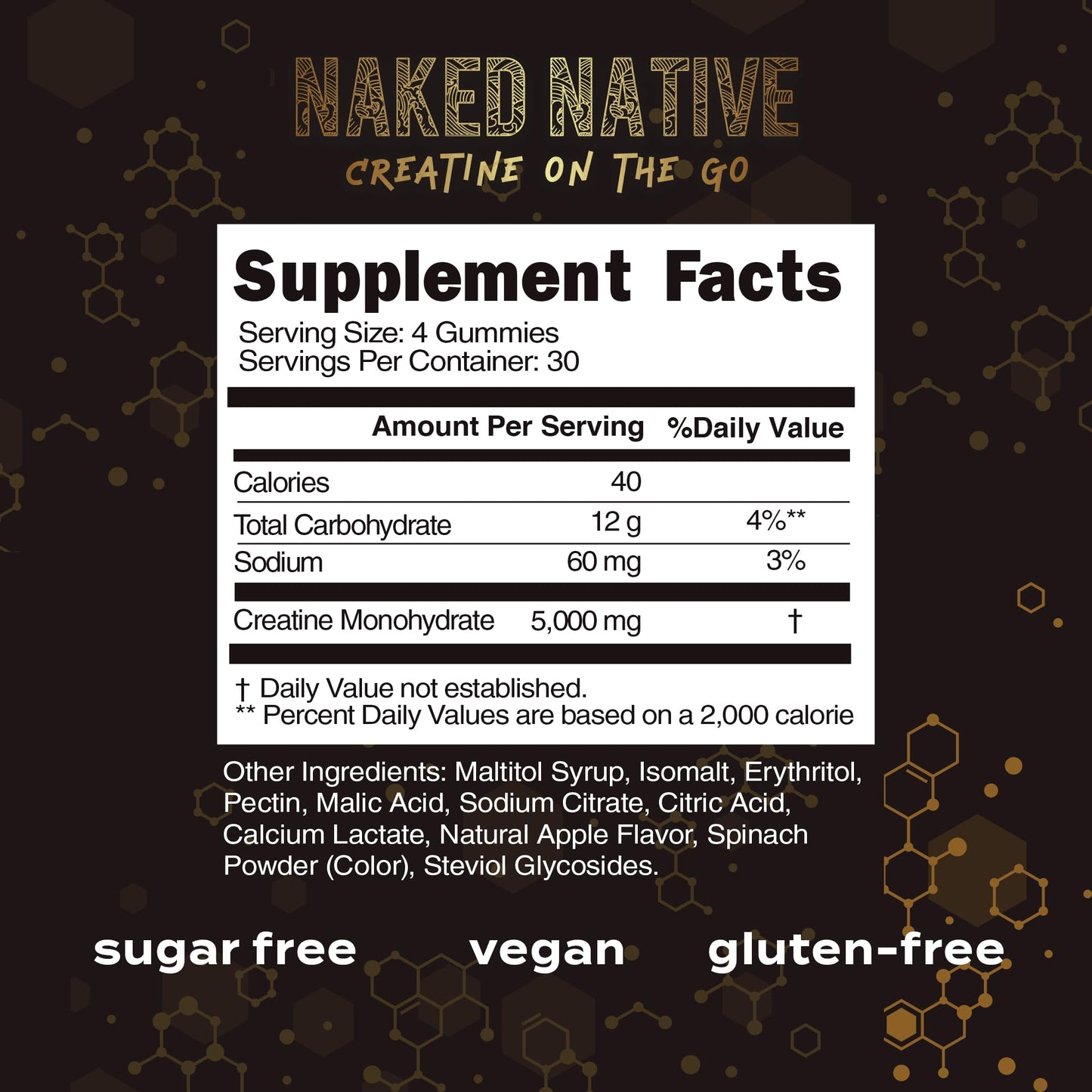 NAKED NATIVE Creatine Monohydrate Gummies 5000 MG, Chewable Gummies for Men & Women, Increase Strength & Build Muscle, Energy Boost, Gluten-Free, Sugar-Free, Vegan - 120 Count Green Apple Flavor