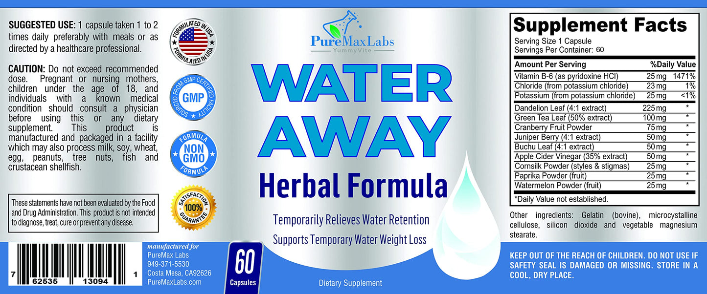 Water Away Gentle Herbal Diuretic - Natural Diuretic Water Pills - Relieve Bloating, Reduce Excess Water Weight with Dandelion Leaf, Green Tea, Detox Cleanse & Urinary Health. Non-GMO, 60 Capsules