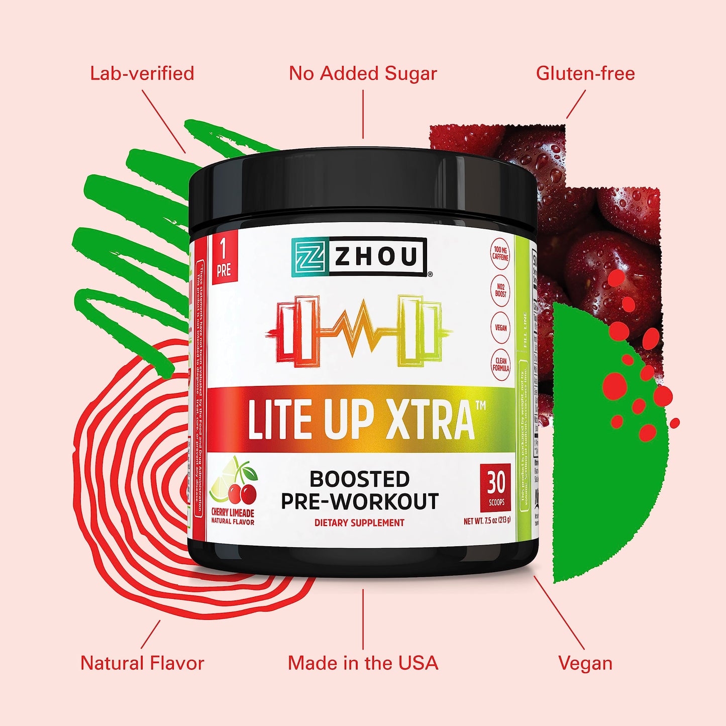 Zhou Nutrition Lite Up Xtra, Vegan Pre Workout Powder with Caffeine, Clean Energy Sourced from Green Tea, Nitric Oxide Booster, Gluten and Sugar Free, Non GMO, Cherry Limeade, 7.5 Oz