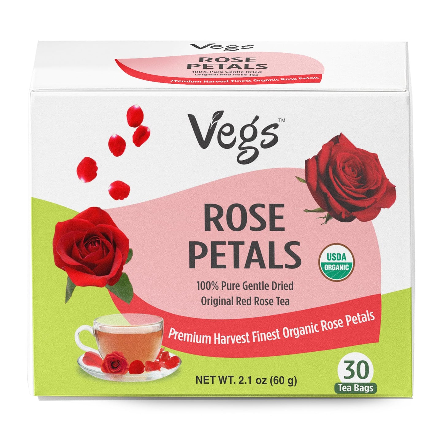 Vegs Rose Petals Tea  100 Pure Red Rose 30 Tea Bags  Organic Real Rose Flower Herbal Tea Caffeine Free  Premium Food Grade Rose Petals