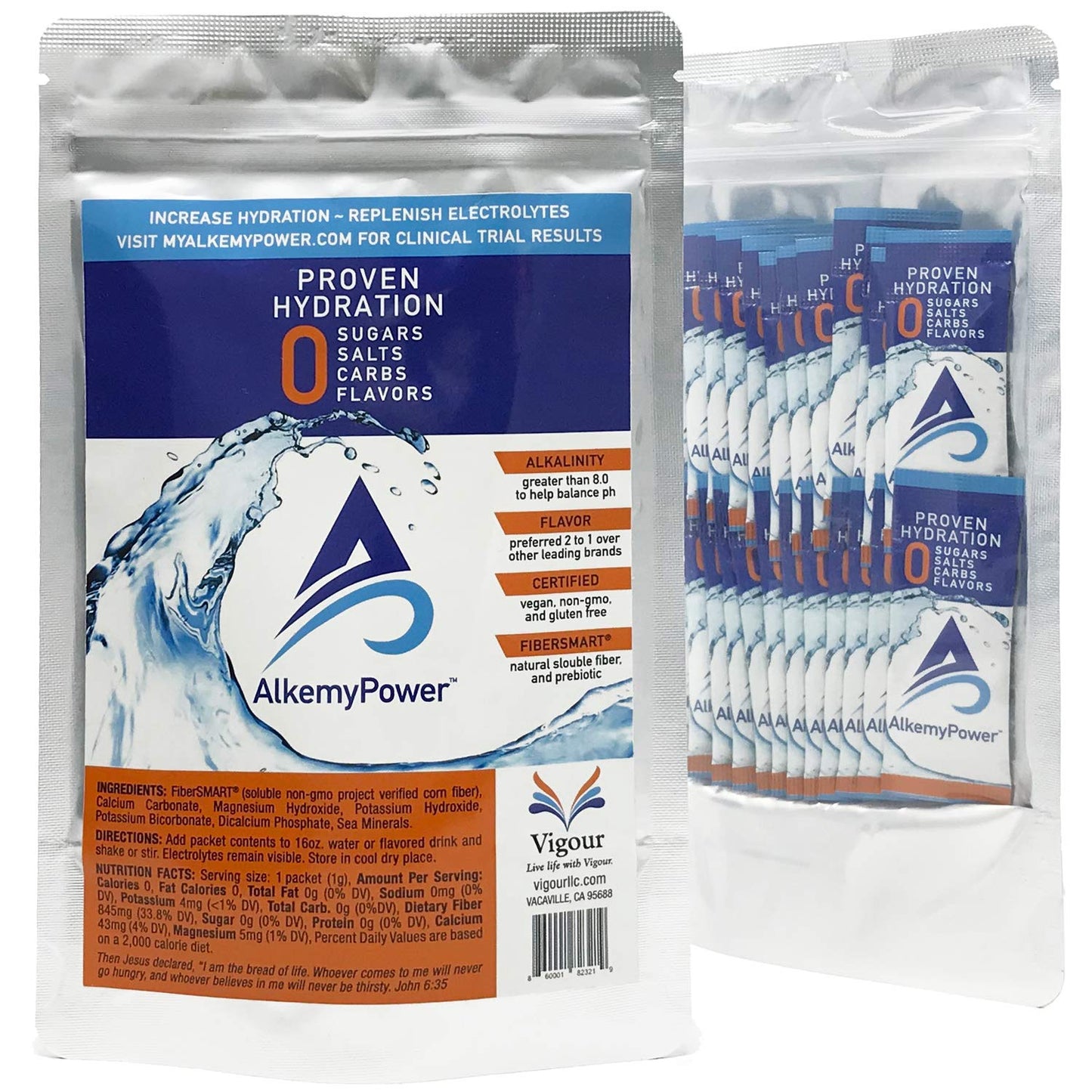 AlkemyPower™ Hydration Electrolyte Powder, No Sugars, Salts, Carbs, Flavors or Calories, 100% Natural, Convenient Stick Pack, 30 Count