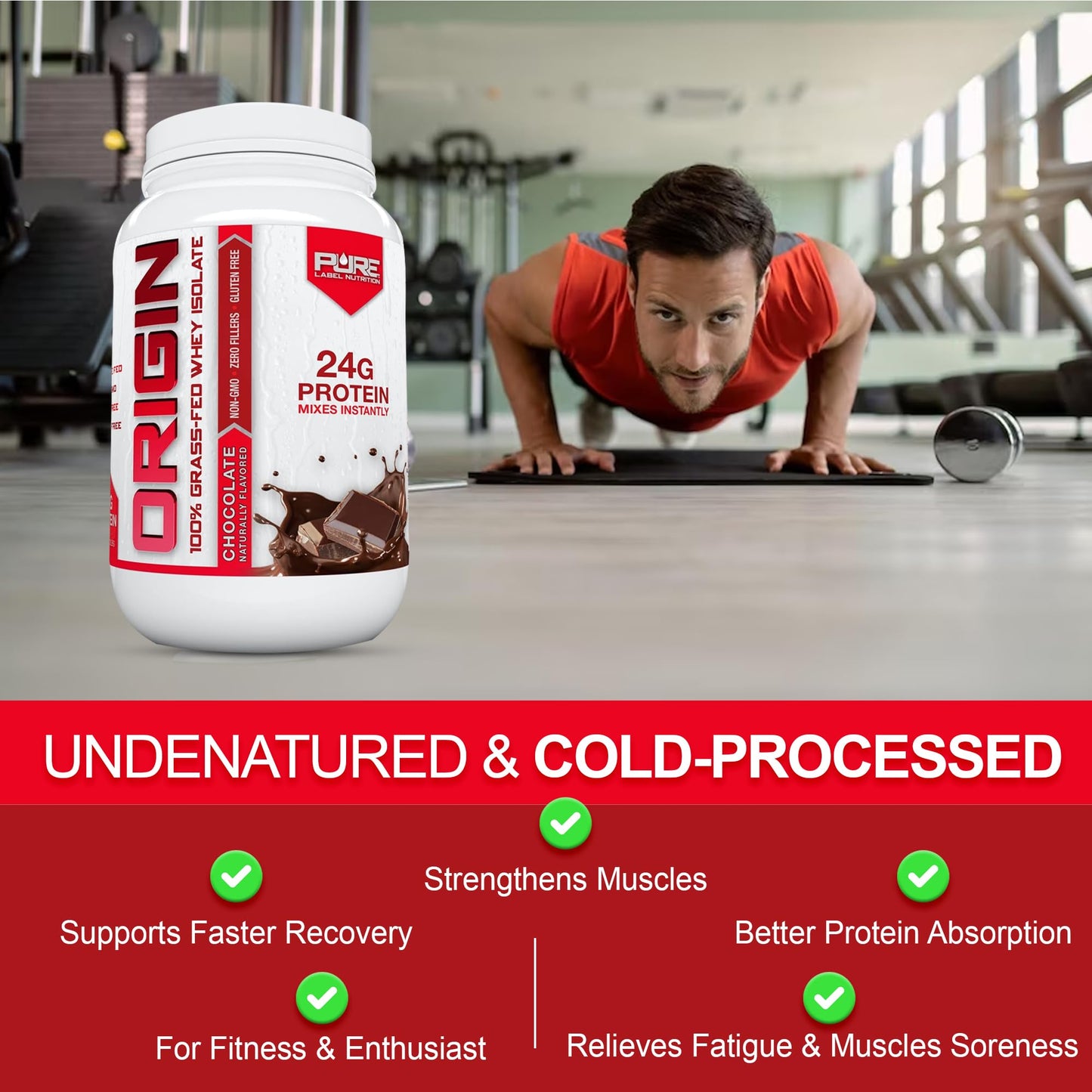 Pure Label Nutrition 100% Grass-Fed, Chocolate Whey Isolate Protein Powder (24g) with Essential Amino Acids, for Pre and Post Workout Recovery & Muscle Building, Low Fat & Low Carbs - 2lbs