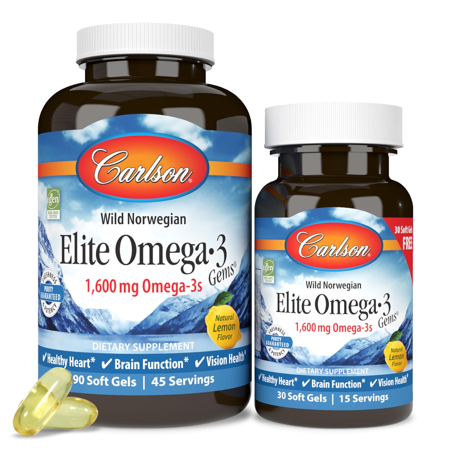 Carlson Elite Omega-3 Gems 1600 mg Omega 3 Fatty Acids Including EPA & DHA - Norwegian, Wild-Caught Sustainably Sourced Fish Oil Supplement, Omega 3 Fish Oil Capsules Lemon - 90+30 Softgels