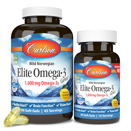 Carlson Elite Omega-3 Gems 1600 mg Omega 3 Fatty Acids Including EPA & DHA - Norwegian, Wild-Caught Sustainably Sourced Fish Oil Supplement, Omega 3 Fish Oil Capsules Lemon - 90+30 Softgels