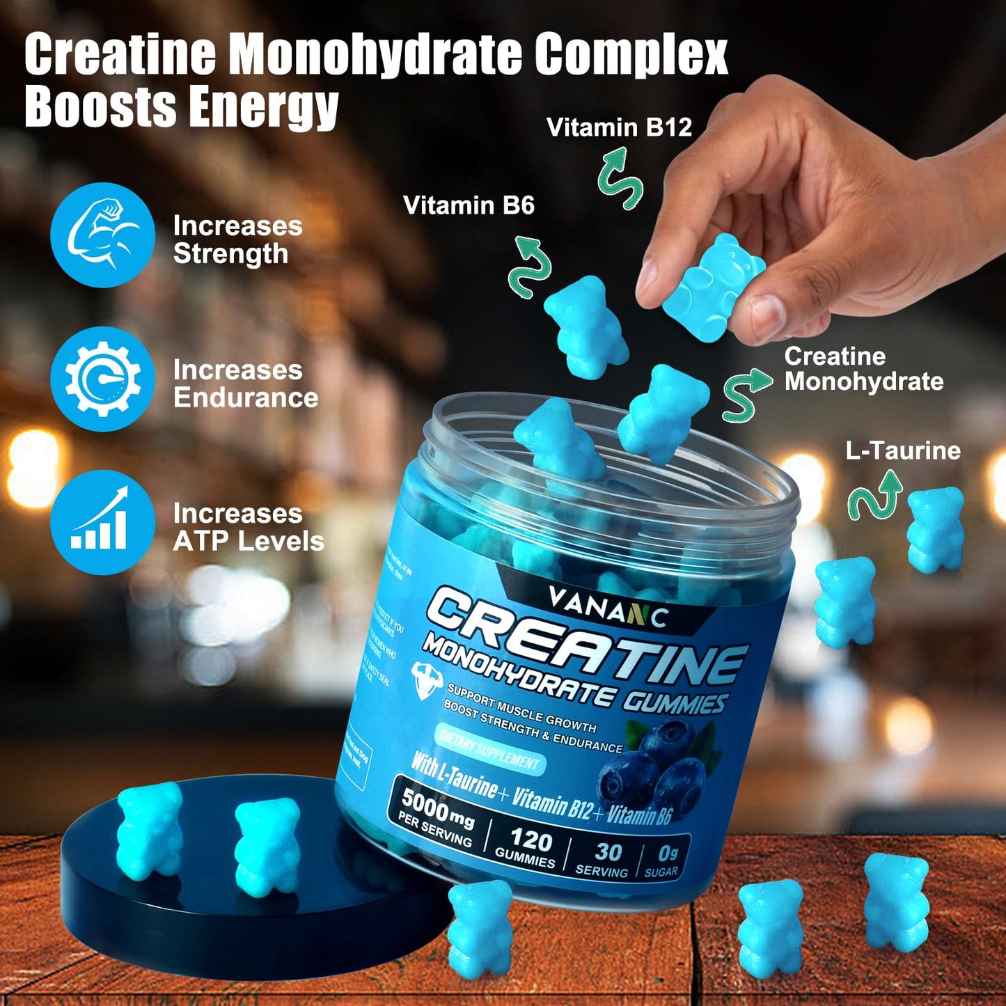 Creatine Monohydrate Gummies 5000g for Men Women, Sugar Free Chewables Creatine Pre-Workout Supplement with L-Taurine + Vitamins for Muscle Strength, Boost Energy & Endurance,120 Gummies-Blueberry