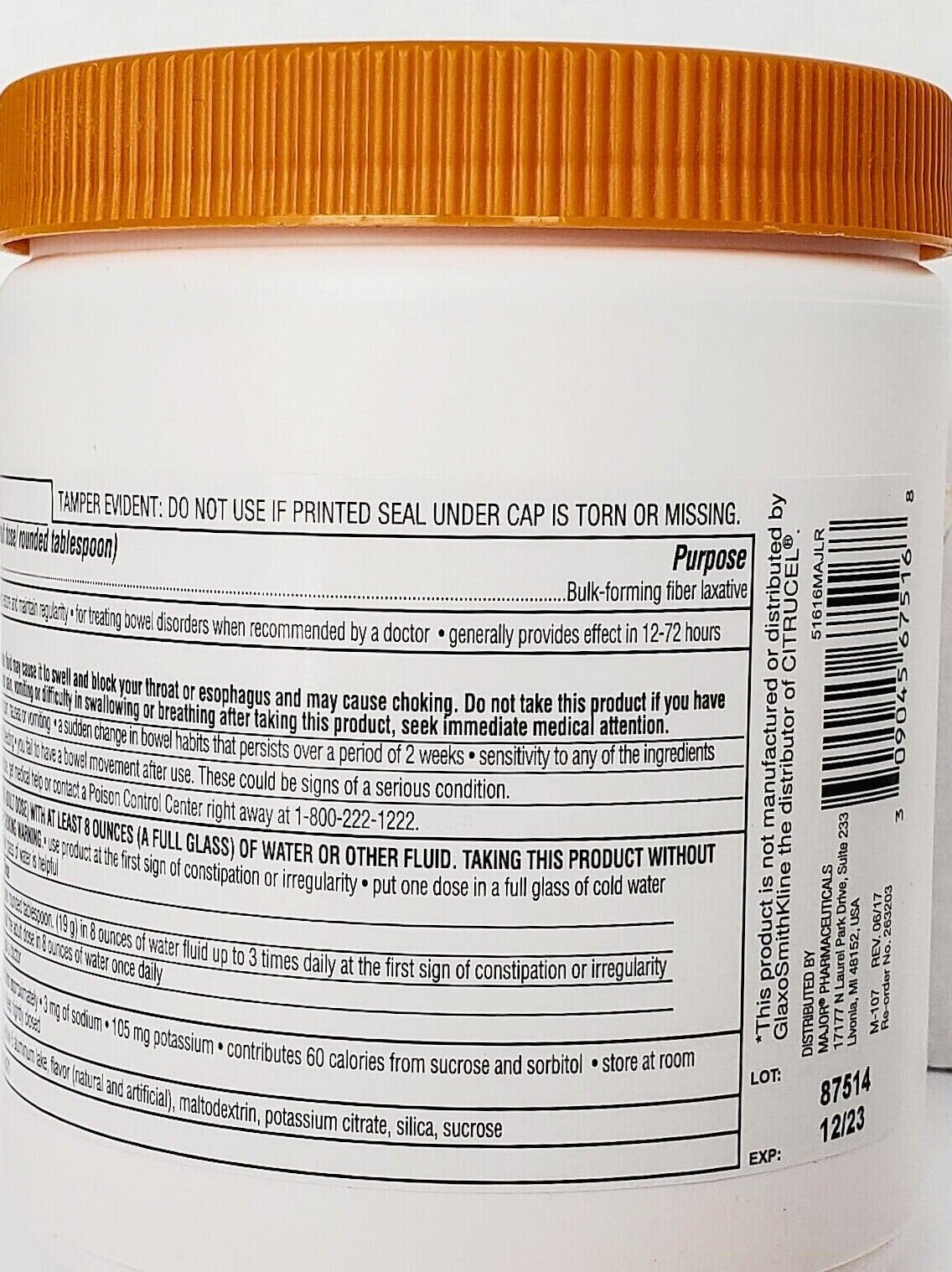 Major Fiber Therapy Easy to Mix Non-Gritty Texture Orange Flavor Methylcellulose 100% Soluble Fiber for Controlled Regularity - 16 Oz