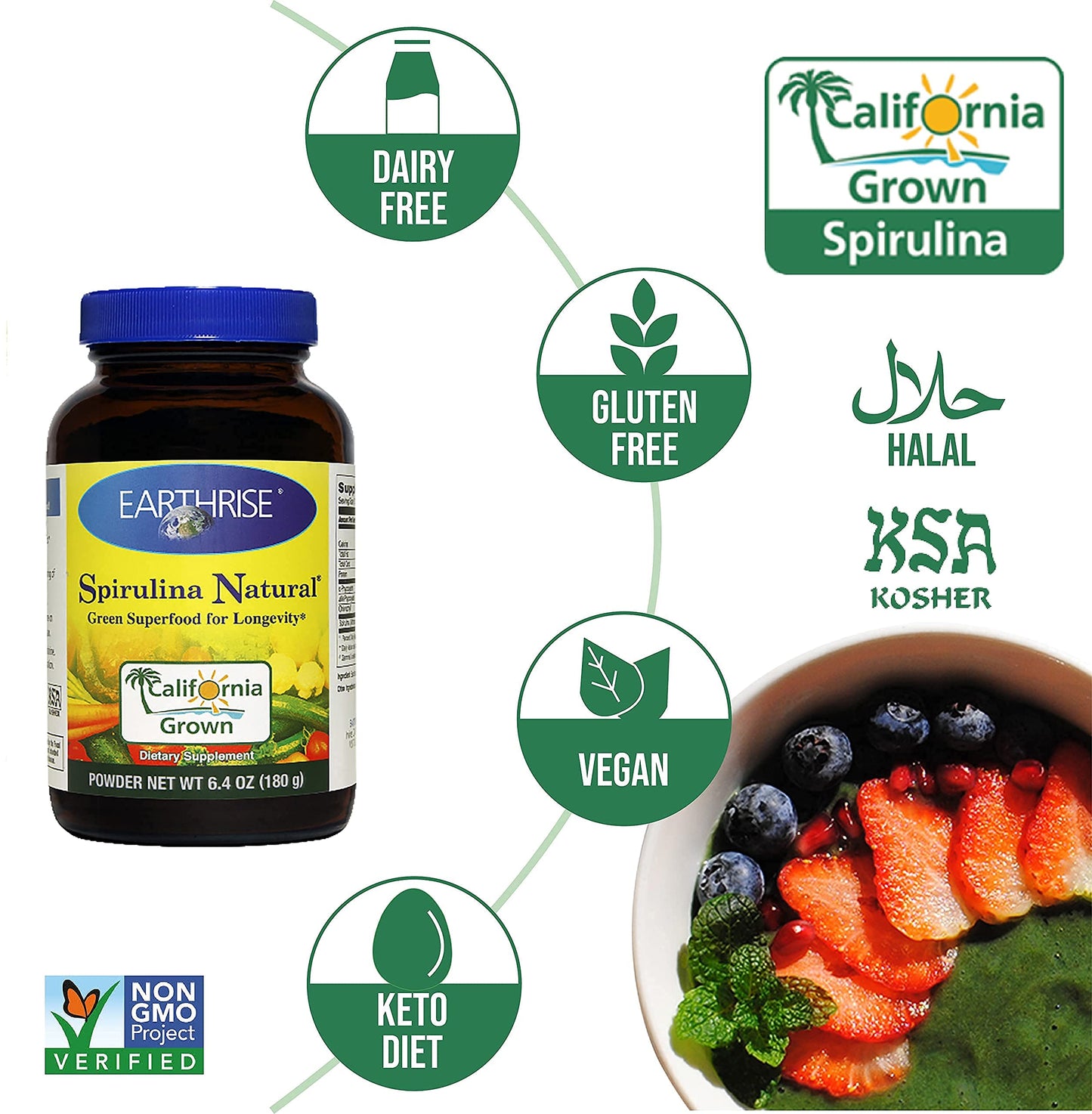 Earthrise Spirulina Natural 6.4oz Powder, Natural Premium Spirulina from California- Vegan, Gluten Free, Keto Friendly, Non -GMO Super Food high in Vitamins & Minerals.