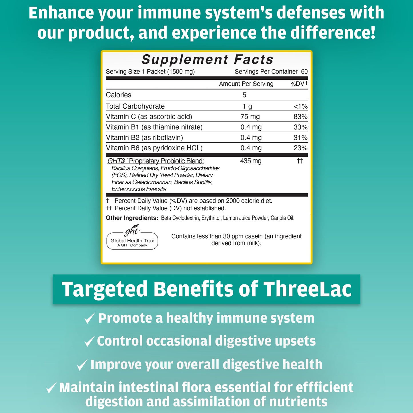 Global Health Trax ThreeLac Lemon Probiotic Drink Mix for Digestive Health - Advanced Probiotic Powder Formula for Men, Women, and Kids - Immune Support & Gut Balance, Non-GMO - 120 Packets