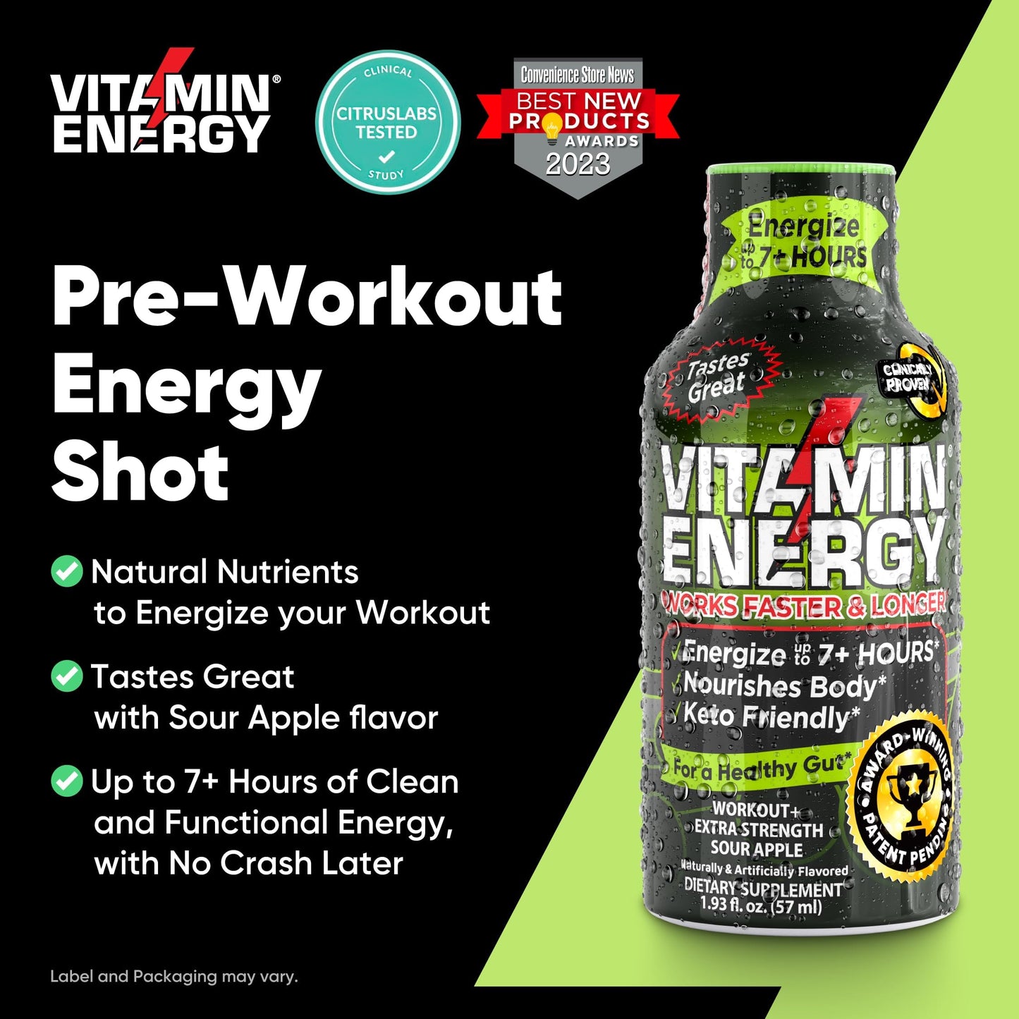 Vitamin Energy Workout+ Energy Shot - Sour Apple - 100% DV B-Vitamins & 260mg Natural Caffeine - Zero Calories, Sugar-Free, Vegan, Non-GMO - Pre-Workout & Endurance Support
