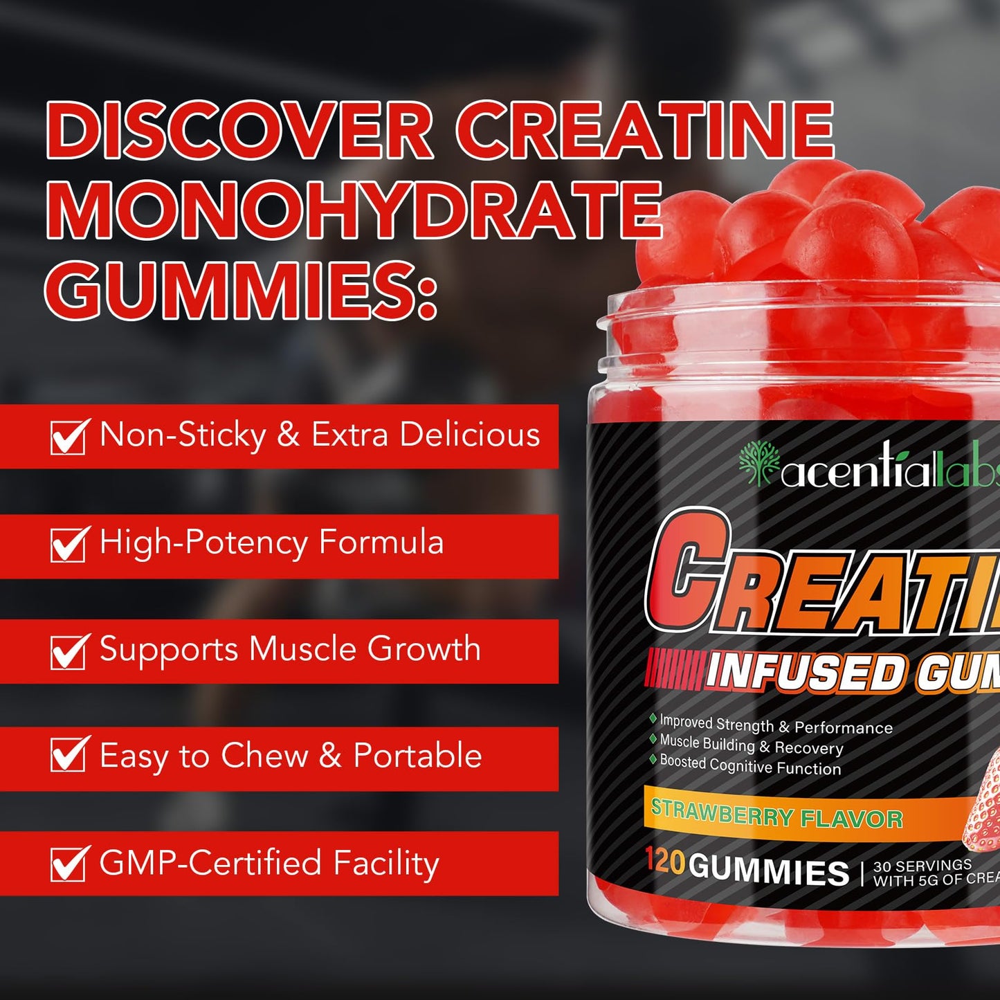 Creatine Gummies for Men & Women - 120 Count, 5000mg Creatine Monohydrate, Boosts Strength, Mass, Endurance & Focus, Muscle Builder & Pre-Workout Supplement