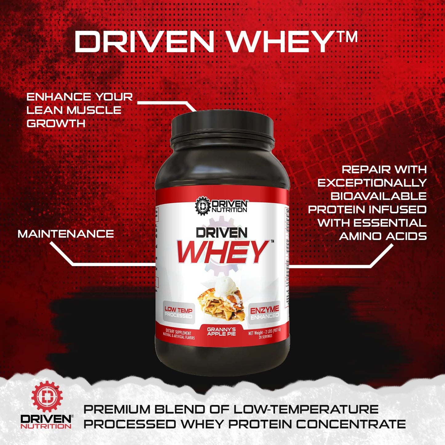 Driven WHEY- Grass Fed Whey Protein Powder: Delicious, Clean Protein Shake- Improve Muscle Recovery with 23 Grams of Protein with Added BCAA and Digestive Enzymes (2 lb, Banana Pie)