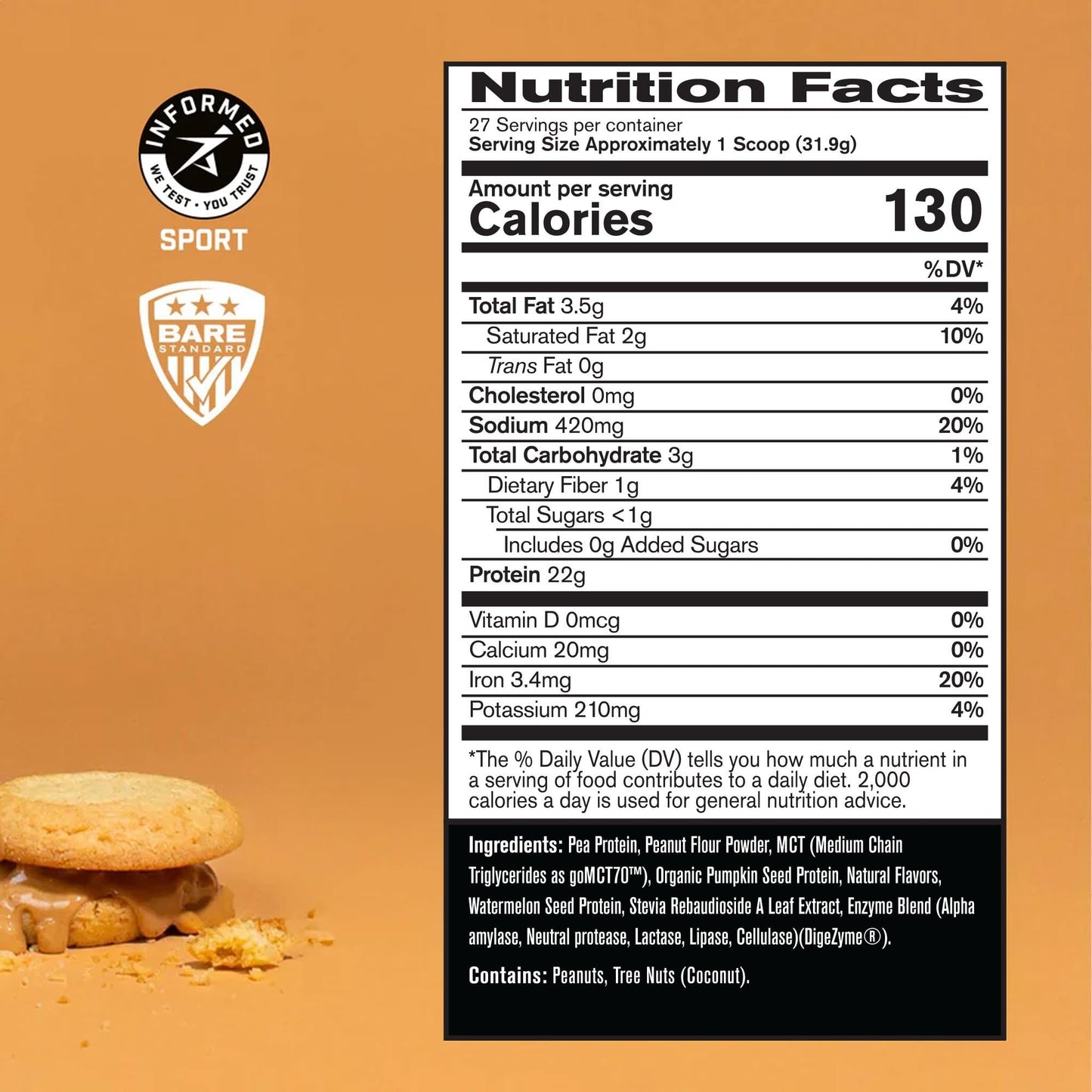 BARE PERFORMANCE NUTRITION Vegan Protein, Plant Based Protein, Pea Protein, Watermelon and Pumpkin Protein, Naturally Sweetened and Flavored (27 Servings, Peanut Butter Cookie)