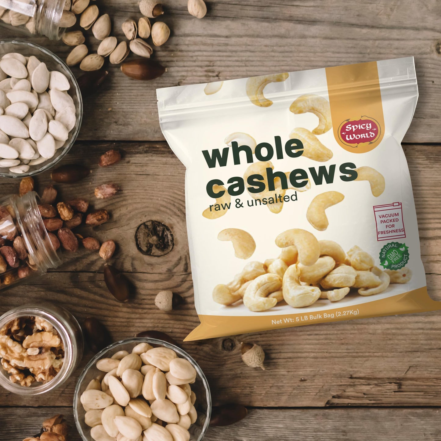 Spicy World Raw Cashews Whole 5 Pound Bulk  Unsalted Natural  Pure No Chemicals