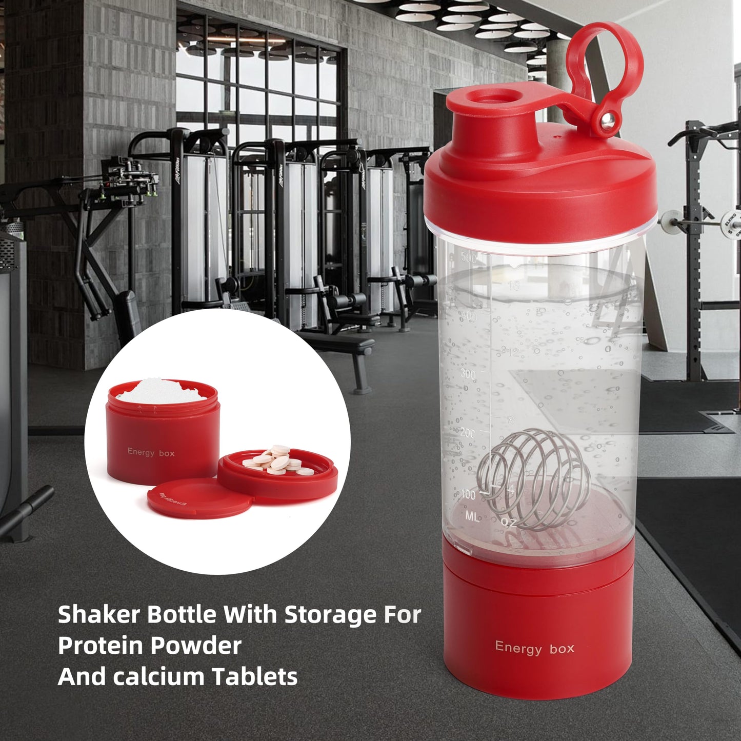 Yidata Shaker Bottle, 21 oz Portable Shaker Cup with Pill Organizer and Storage for Protein Powder Sports Water Bottle for Travel Workout Gym (Red)