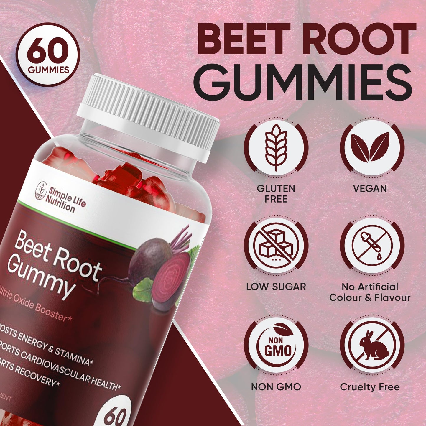 Simple Life Nutrition Organic Beet Root Gummies - Nitric Oxide Booster for Men & Women - Organic Non-GMO Gluten Free Vegan Beets - 60CT