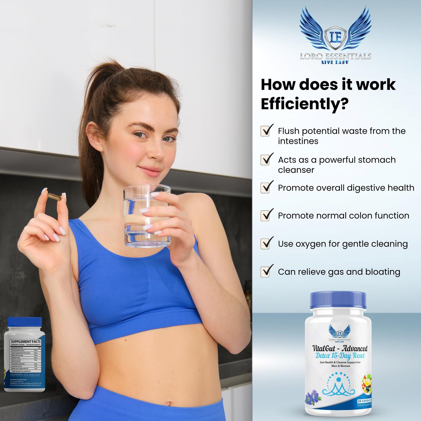 LORO ESSENTIALS VitalGut Advanced Gut and Colon Cleanse Detox for Women & Men,15-Day Reset Gut Health Support,Whit Senna, cascara Sagrada and Psyllium Husk-Non GMO 30 Capsules