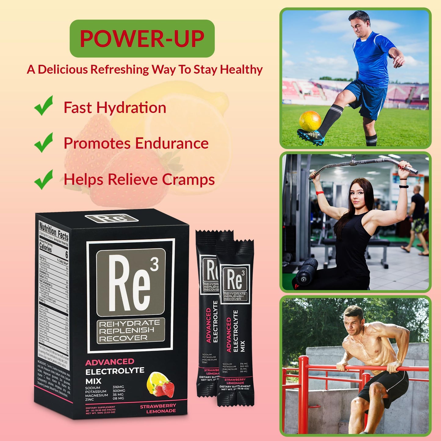 Re3 - Rehydrate - Replenish - Recover Electrolyte Powder Packets. No Sugar, 6 Cal, 2 Carbs. The Best Mix of Vitamins and Minerals (Strawberry Lemonade)