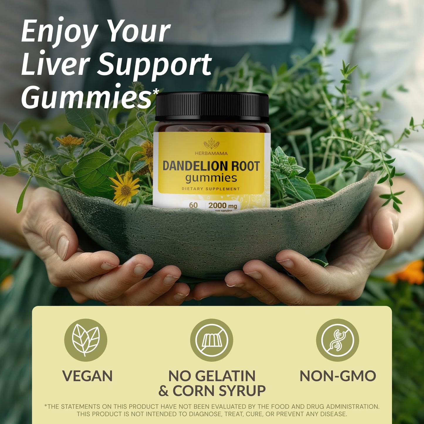 HERBAMAMA Dandelion Root Gummies - 2000mg Dandelion Herb for Liver and Kidney Cleanse Support - Vegan, Non-GMO Liver Support Supplement - 60 Pectin-Based Banana-Flavored Chews