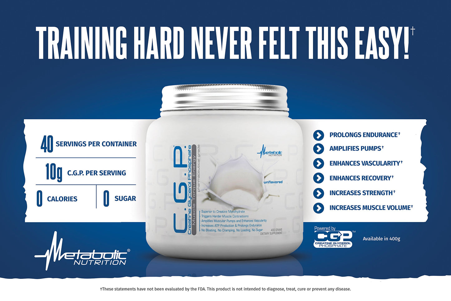 Metabolic Nutrition, CGP, Creatine Glycerol Phosphate, 100% Micronized Creatine Powder, Pre Intra Post Workout Supplement, Unflavored, 400 Grams