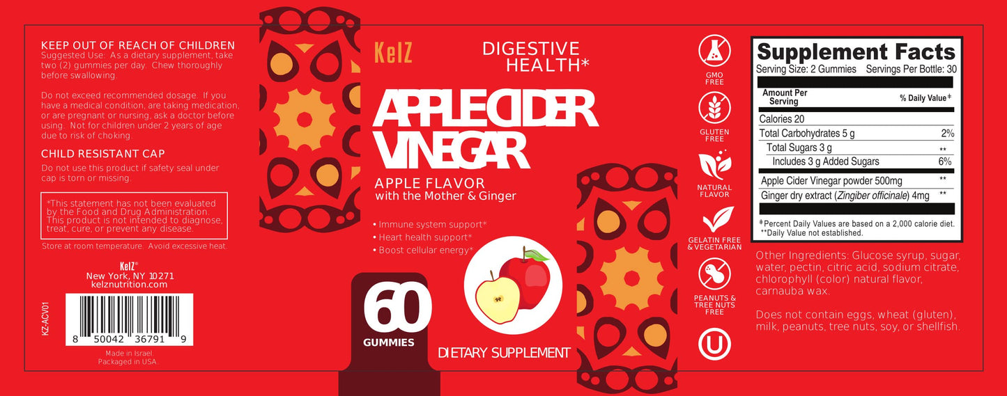 KelZ Apple Cider Vinegar Supplement Gummies, Apple Flavor, 60 Count (Pack of 1)