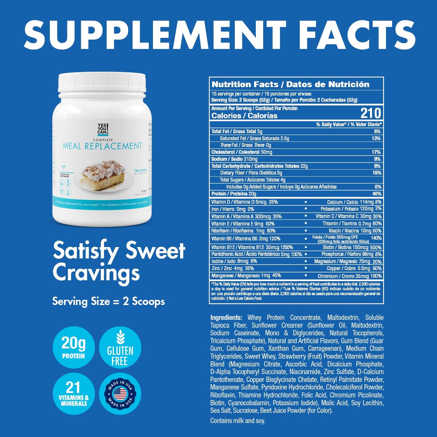 Yes You Can! Complete Meal Replacement - 15 Servings, 20g of Protein, 0g Added Sugars, Over 20 Vitamins and Minerals - All-in-One Nutritious Meal Replacement Shake (Tres Leches)