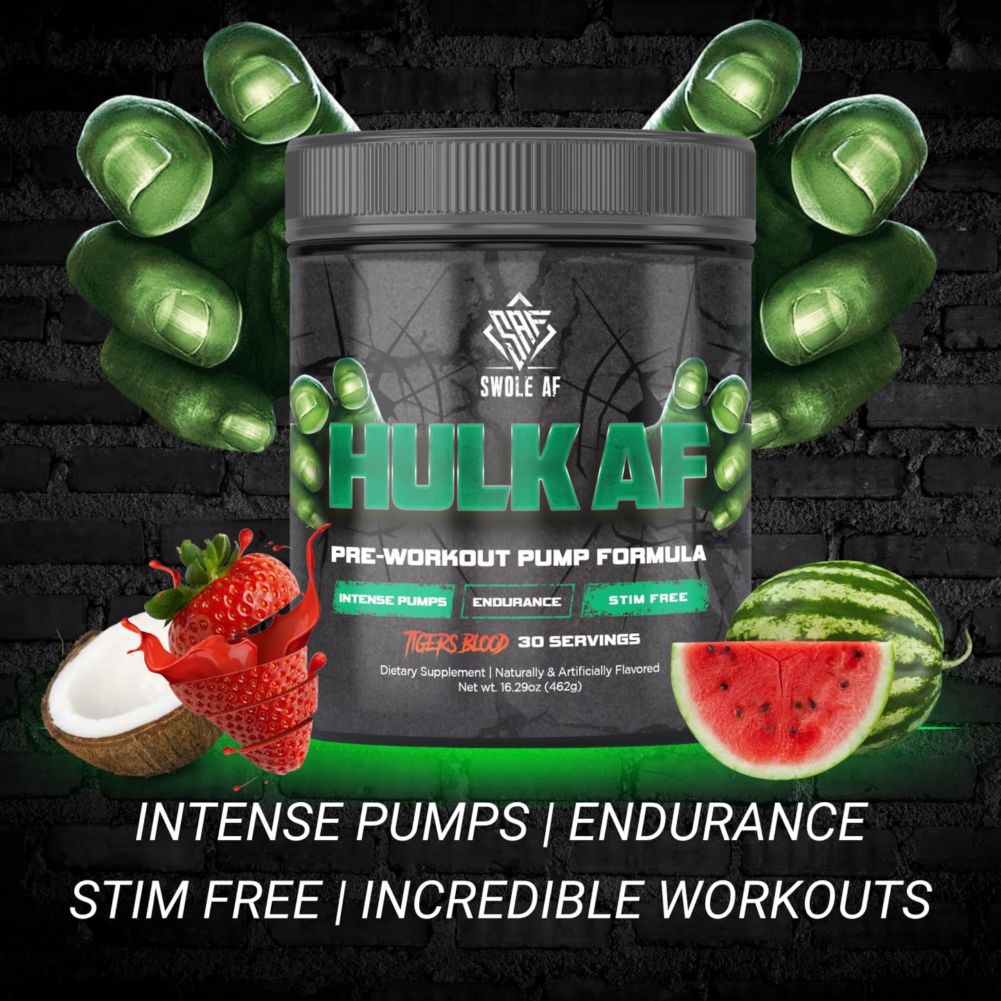 Swole AF | Hulk AF | Pre-Workout Pump Formula | Non Stimulant Improves Circulation Endurance | Dietary Supplement for Muscular Power Output with Bigger Gains & Faster Recovery | Tigers Blood