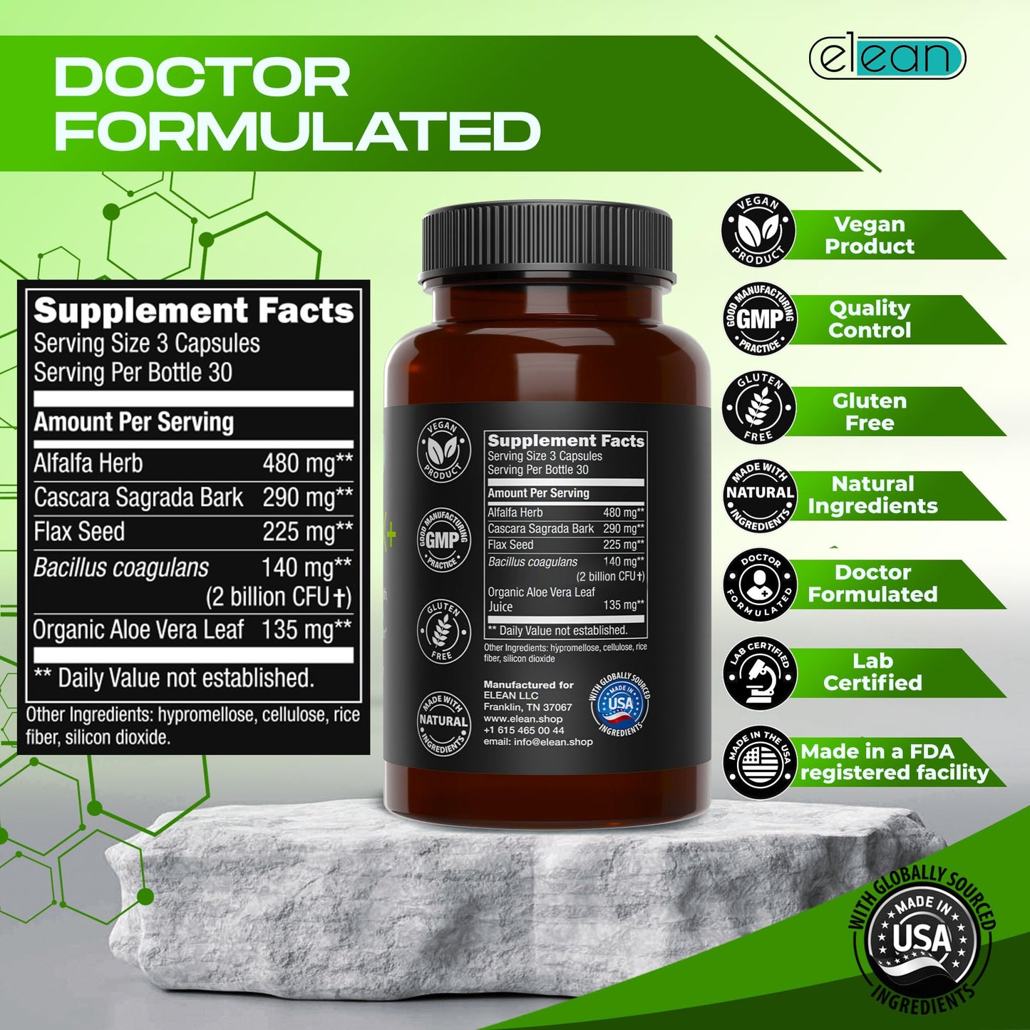 ELEAN Detox Plus Blended with Probiotic, Alfalfa, Flax Seed, Organic Aloe Vera, Сascara Sagrada bark for Colon Cleanse, Gut Health, Digestive Health and Total Colon Care. 90 Capsule 30 Days Supply