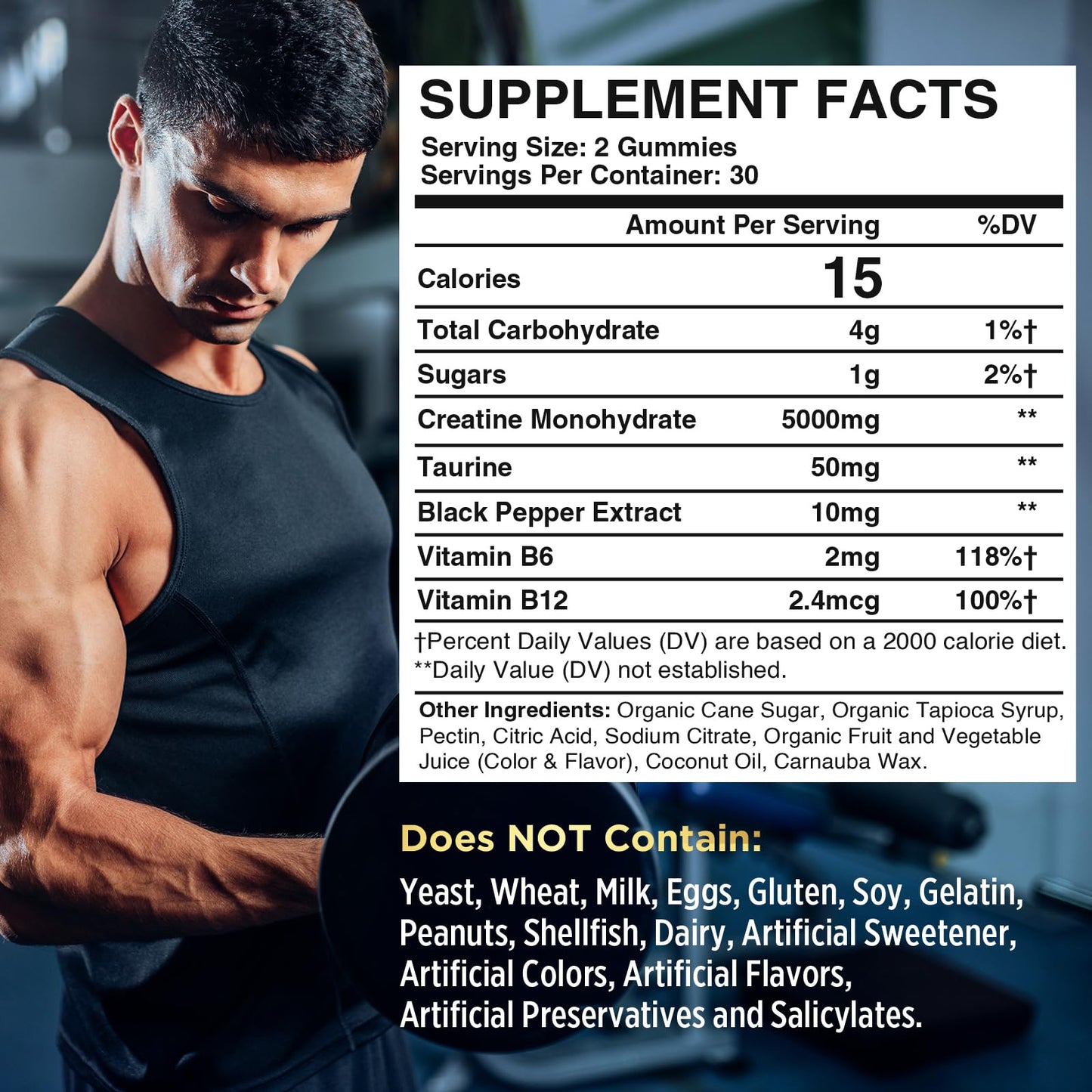 Creatine Monohydrate Gummies for Men & Women Pre Workout Gummies with Taurine, Vitamin B6 & B12 Creatine Monohydrate Chewable for Increase Strength, Energy, Endurance, Muscle, Vegan, Organic