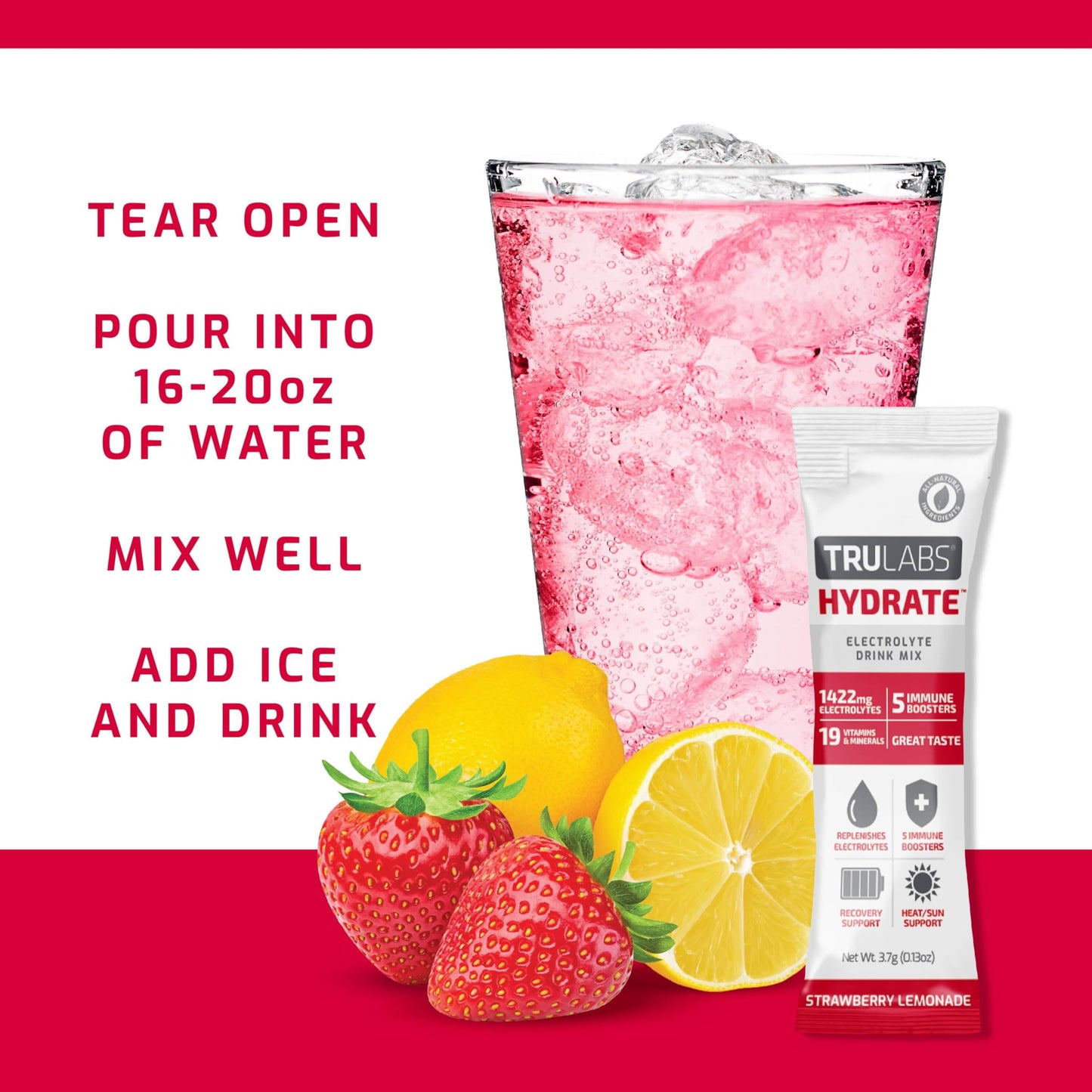 TRULABS Hydrate Strawberry Lemonade 6ct. Sugar Free Electrolytes Hydration Packets. Each Serving Contains 1422 mg of Electrolytes &19 Vitamins & Minerals.