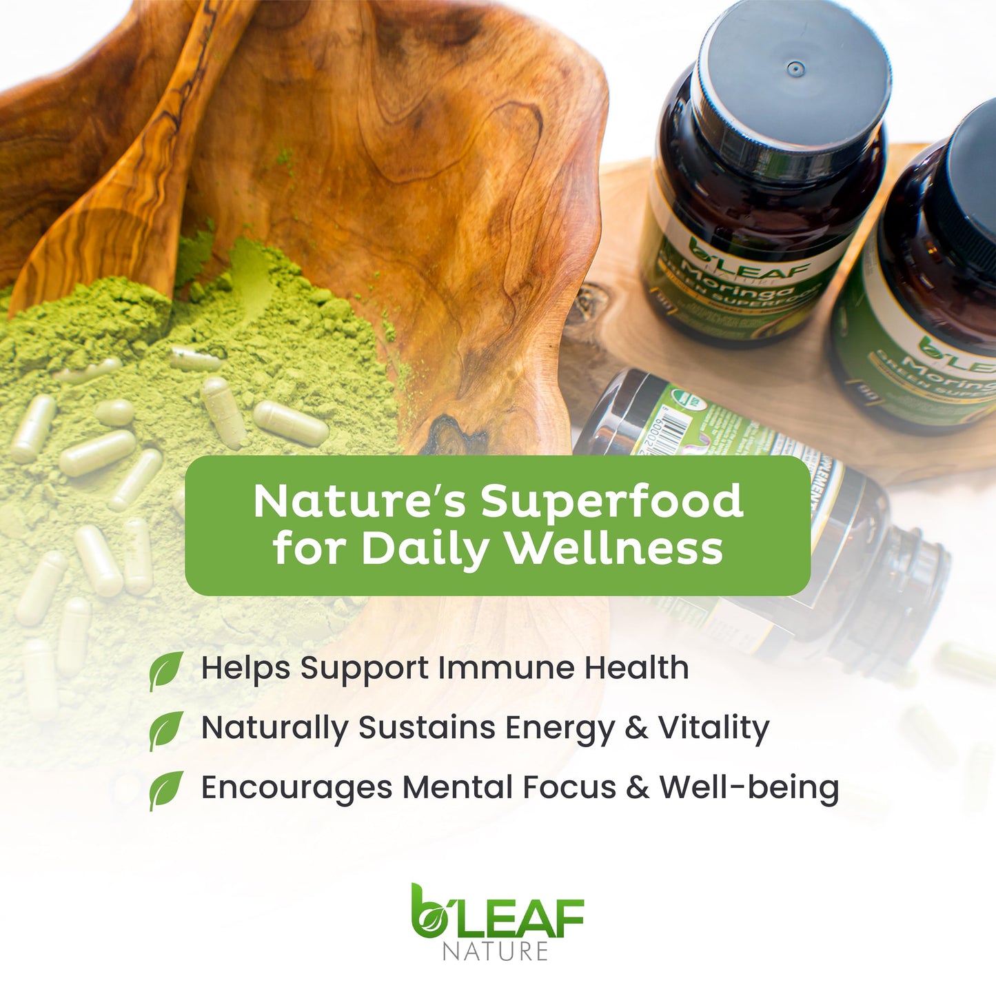 B'LEAF NATURE Organic Moringa Oleifera 180 Capsules, 1000mg - Organic Moringa Powder Capsules - Pure Moringa Leaf Capsules Energy Natural Wellness & Immune Support - Vegan, Non-GMO Moringa Supplement