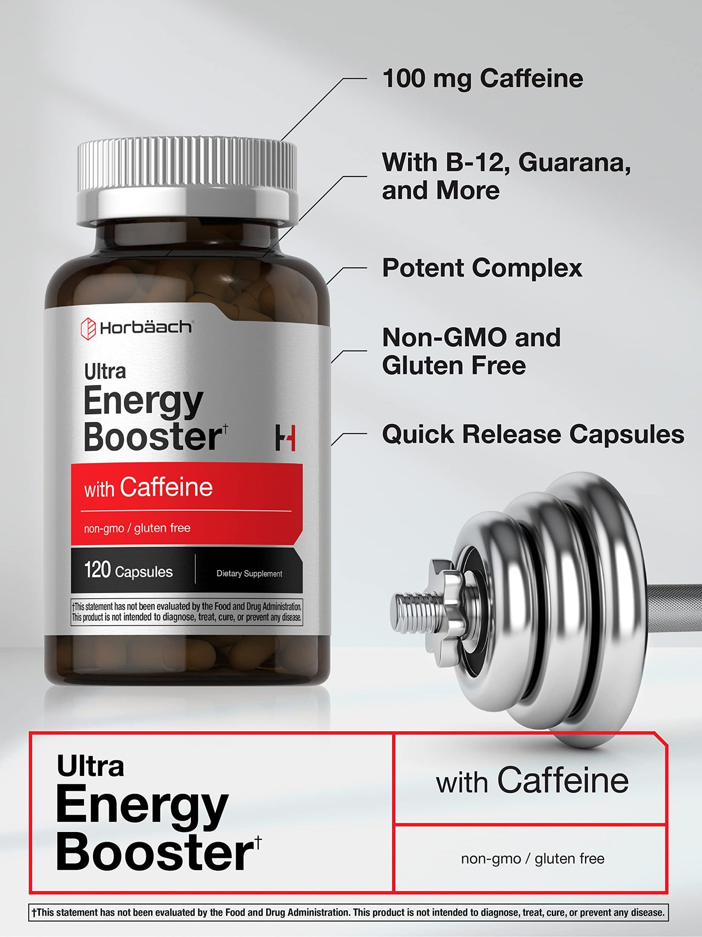 Horbäach Energy Supplement | 120 Capsules | with Caffeine, Ginseng & Vitamin B12 | Daily Energy Booster Pills | Non-GMO, Gluten Free
