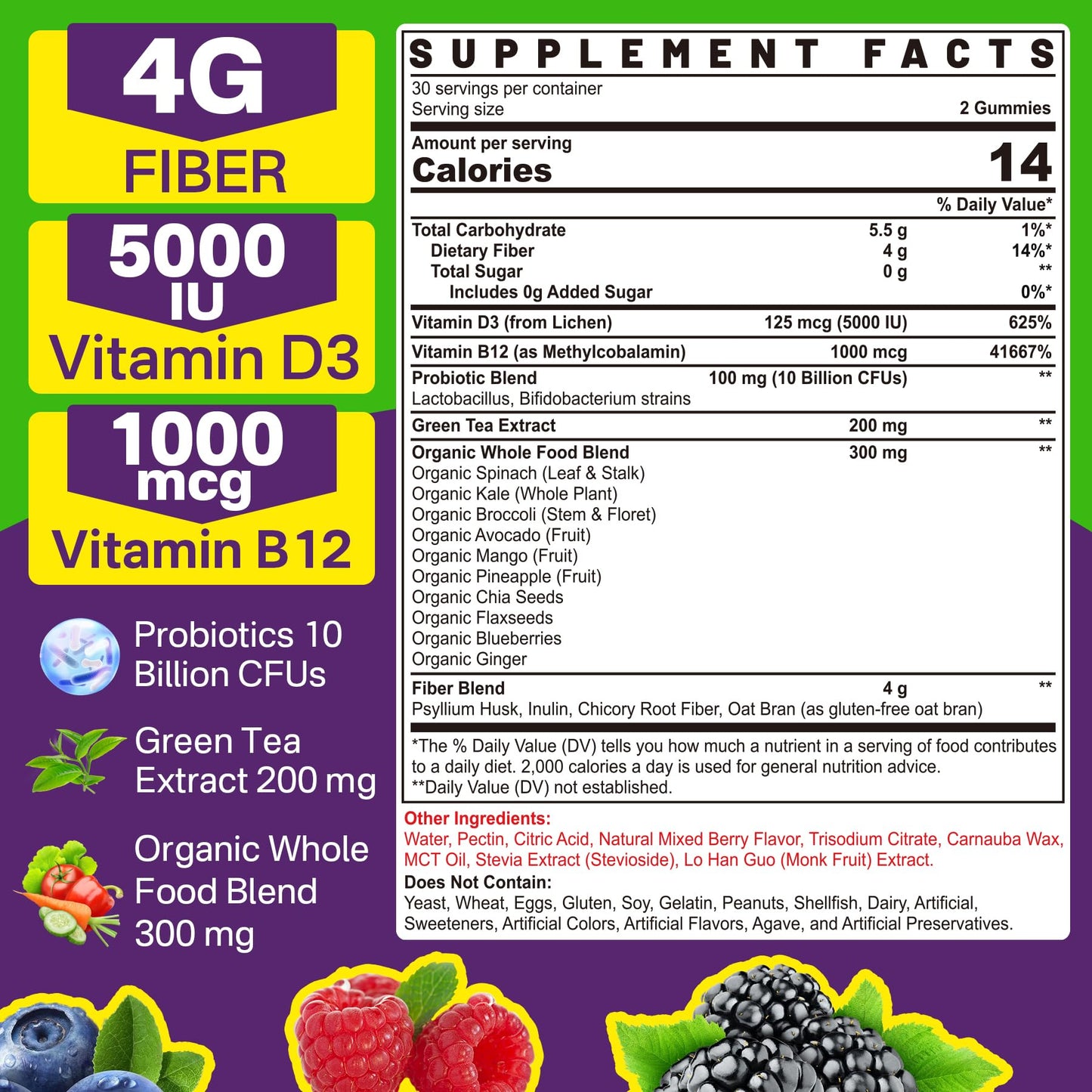 Probiotics Fiber Gummies for Adults Sugar Free + Psyllium Husk Fiber Supplement (Soluble + Insoluble) /w Vitamin B12 1000 mcg Vitamin D3 5000 iu for Fulfill, Metabolism, Gut & Digestive Health, 120Cts
