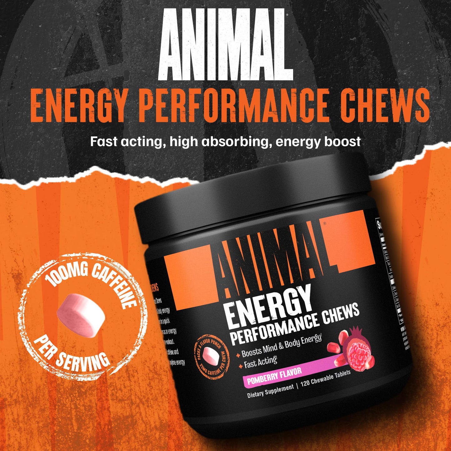 Animal Energy Chews with Caffeine - Fast Acting Energy, Nootropic Supplement with L-Tyrosine, L-Taurine, Sea Salt for Focus & Cognitive Performance, Pre Workout Gym, Cycling & Running Chews - Pomberry