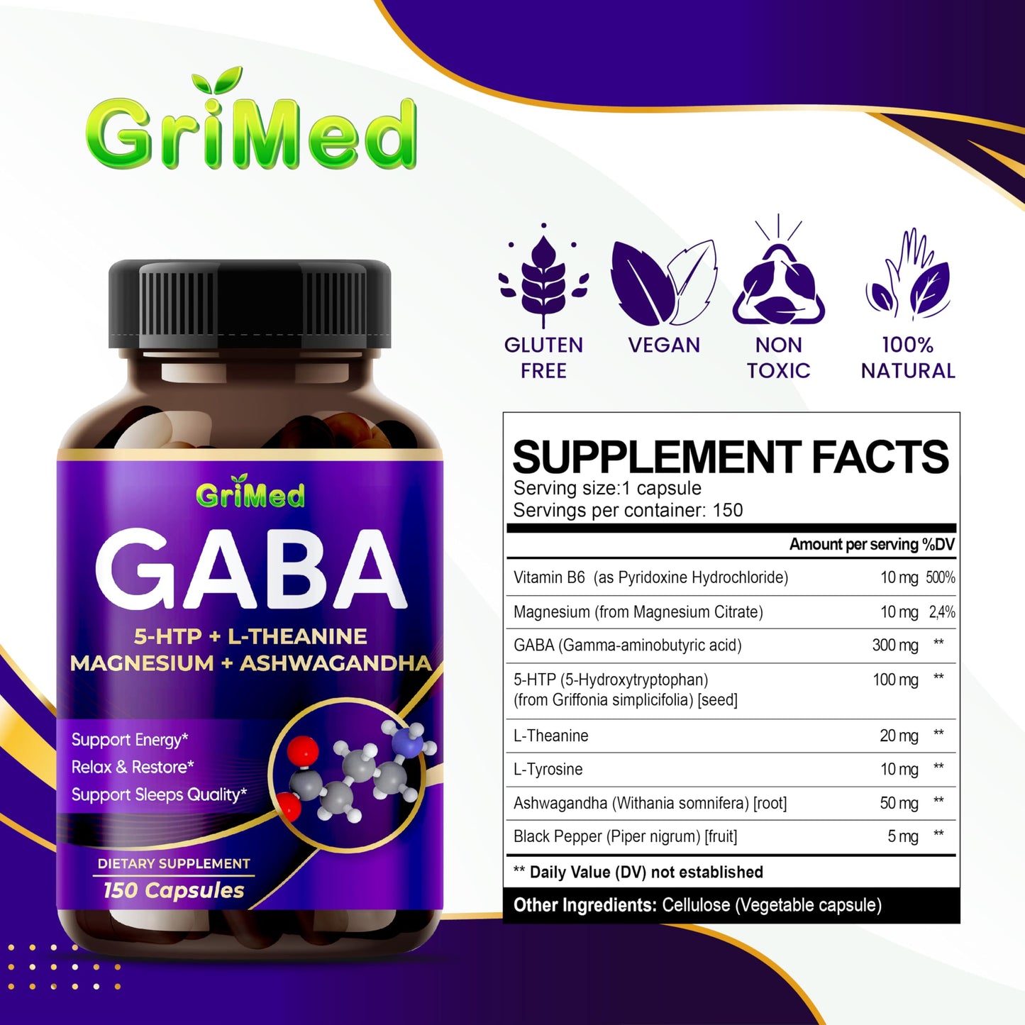 GriMed GABA 16,280mg - X15 Power with 5-HTP, L-Theanine, Magnesium, Ashwagandha - Relax & Restore, Support Sleep Well - Made in USA (150 Count (Pack of 1))
