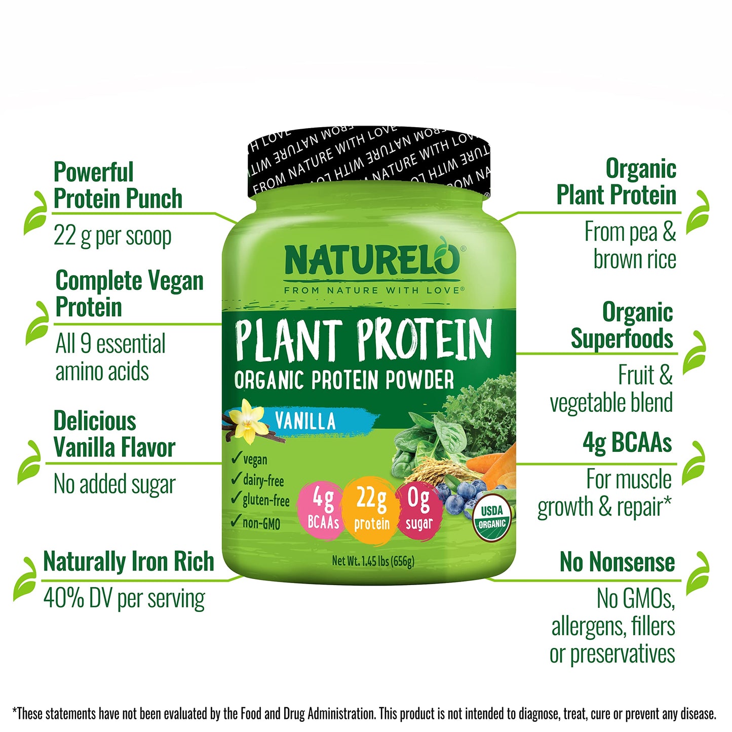 NATURELO Plant Protein Powder, Vanilla, 22g Protein - Non-GMO, Vegan, No Gluten, Dairy, or Soy - No Artificial Flavors, Synthetic Coloring, Preservatives, or Additives - 20 Servings