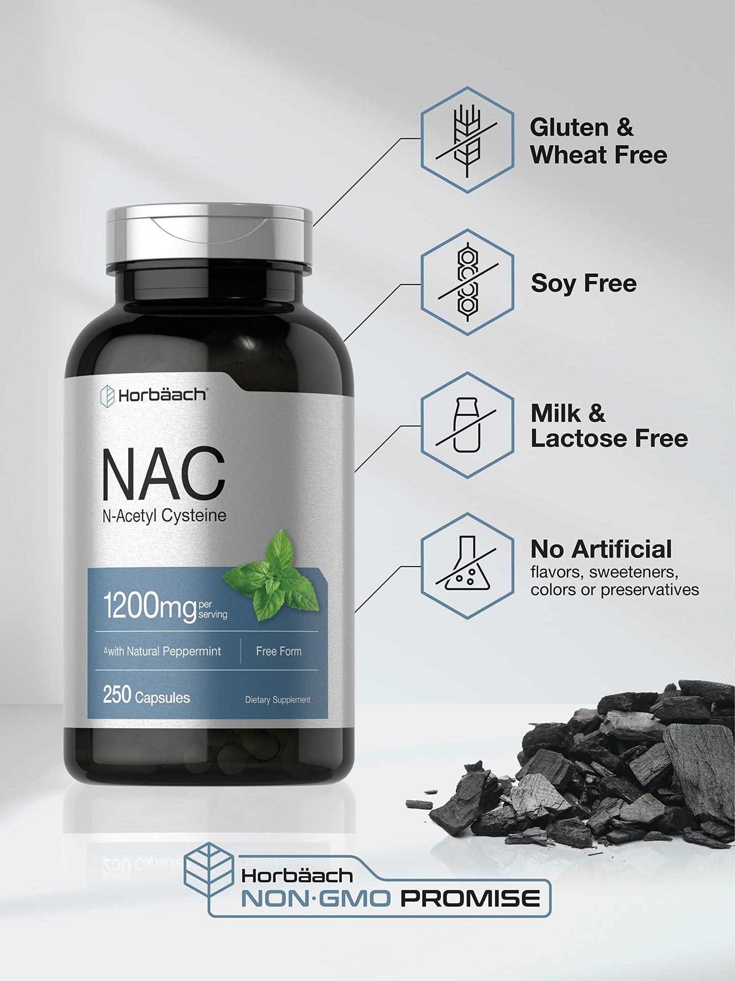 Horbäach NAC N-Acetyl Cysteine Supplement 1200mg | 250 Capsules | with Natural Peppermint | Non-GMO, Gluten Free