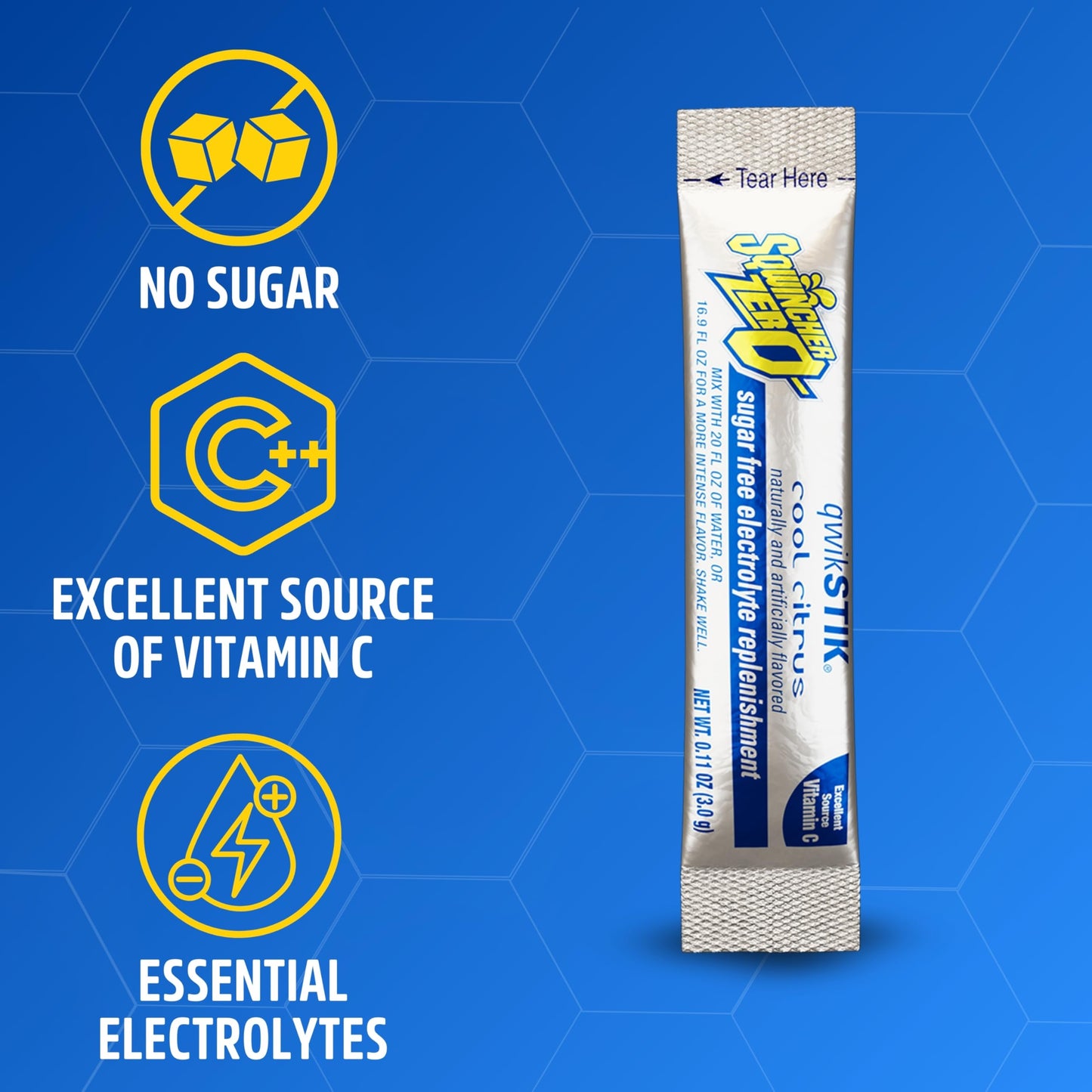 Sqwincher Zero Qwik Stik, Cool Citrus, Sugar Free, Low Calorie, Low Sodium Electrolyte Powder Hydration Drink Mix, .11 0z Packet (Pack of 50)