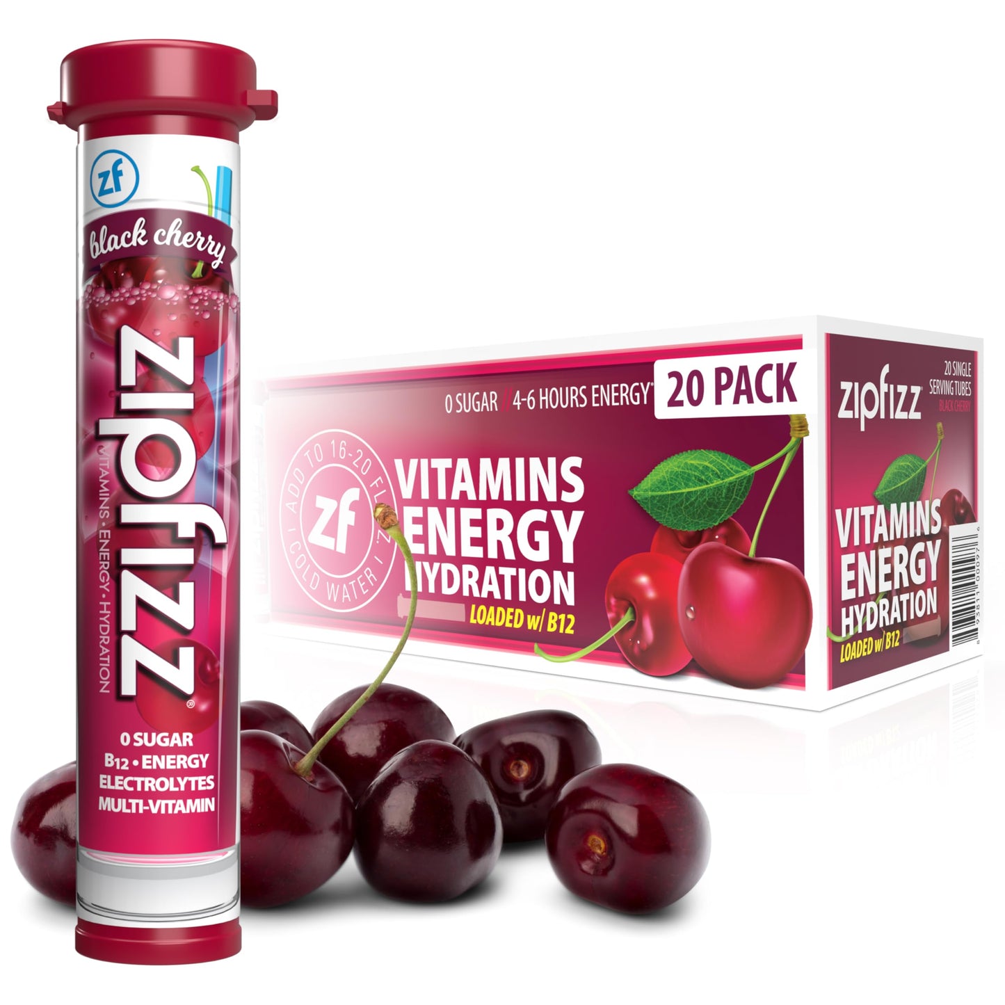 Zipfizz Energy Drink Mix Electrolyte Hydration Powder with B12 and Multi Vitamin Black Cherry 20 Count
