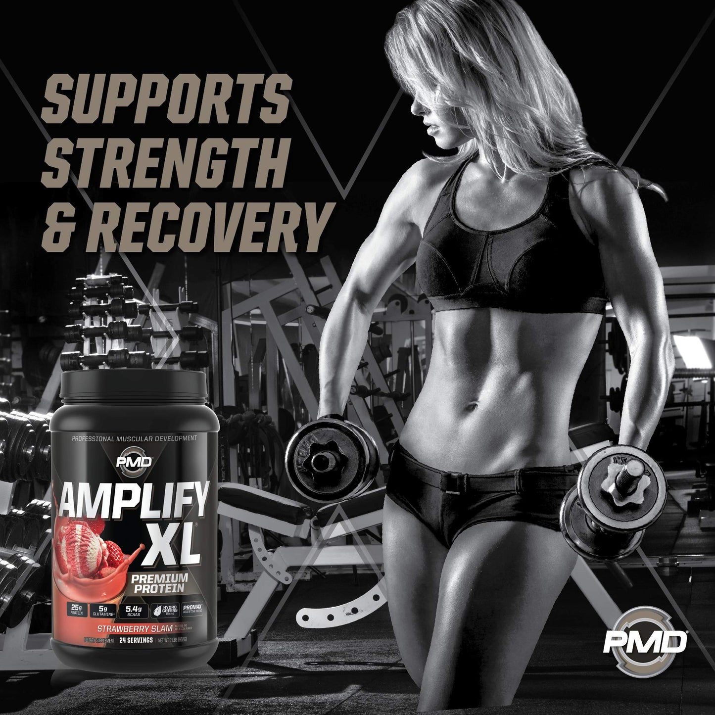 PMD Sports Amplify XL Premium Whey Protein Supplement Hydro Greens Blend - Glutamine and Whey Protein Matrix with Superfood for Muscle, Strength and Recovery - Strawberry Slam (24 Servings)