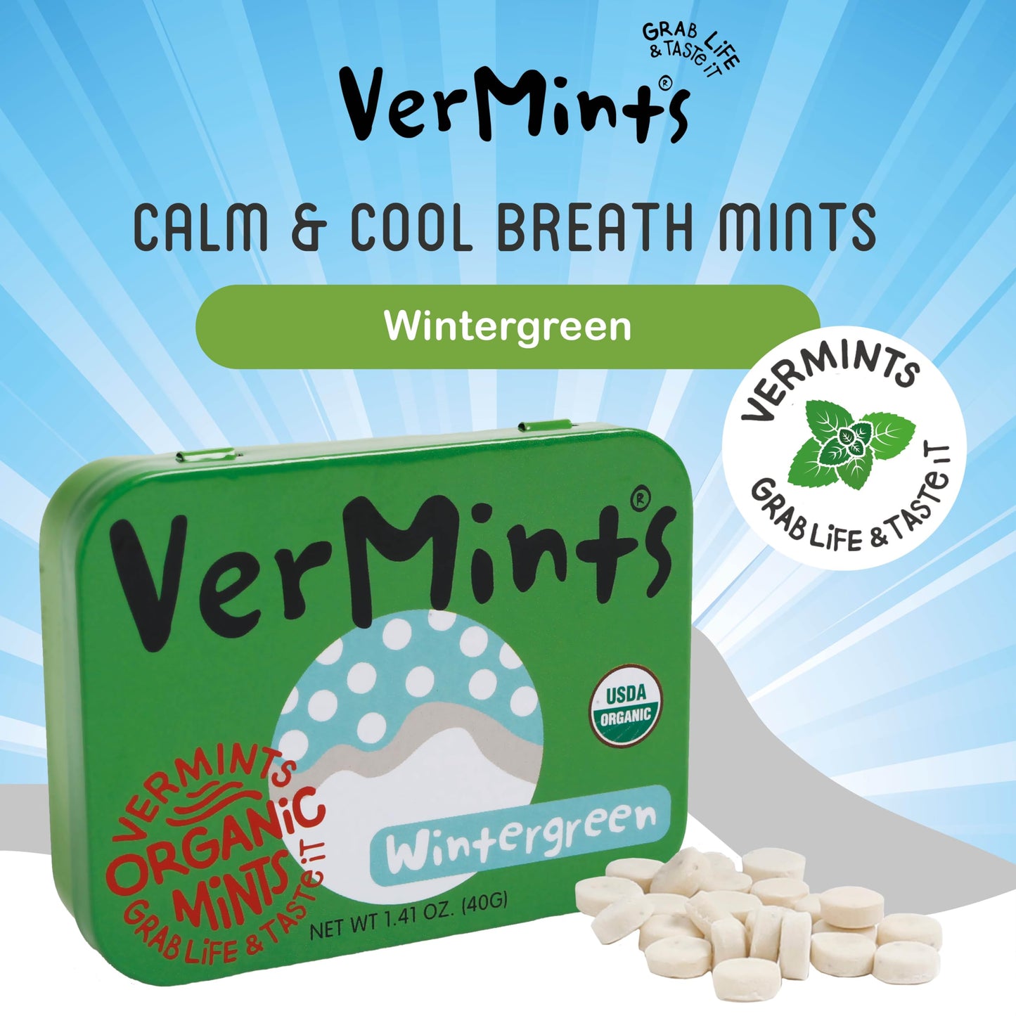 Organic Breath Mints by VerMints Wintergreen Flavor All Natural NonGMO Nut Free Gluten Free Vegan KSA Kosher Pack of 6 141oz Tins