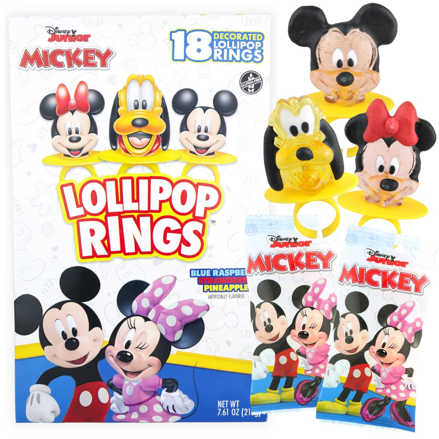 Disney Junior Lollipop Rings Mickey Mouse Minnie and Pluto Individually Wrapped for Birthday Party Favors 18 Count